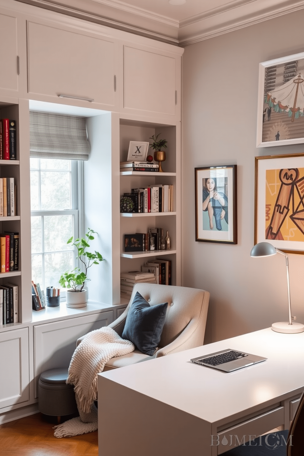 A cozy nook with built-in shelves creates an inviting atmosphere for reading and relaxation. The shelves are filled with books, decorative items, and plants, while a plush armchair is nestled in the corner, accompanied by a soft throw blanket. The study room features a modern desk with a sleek design, positioned near a window that allows natural light to flood the space. A stylish task lamp illuminates the workspace, and framed artwork adorns the walls, adding personality and inspiration to the environment.