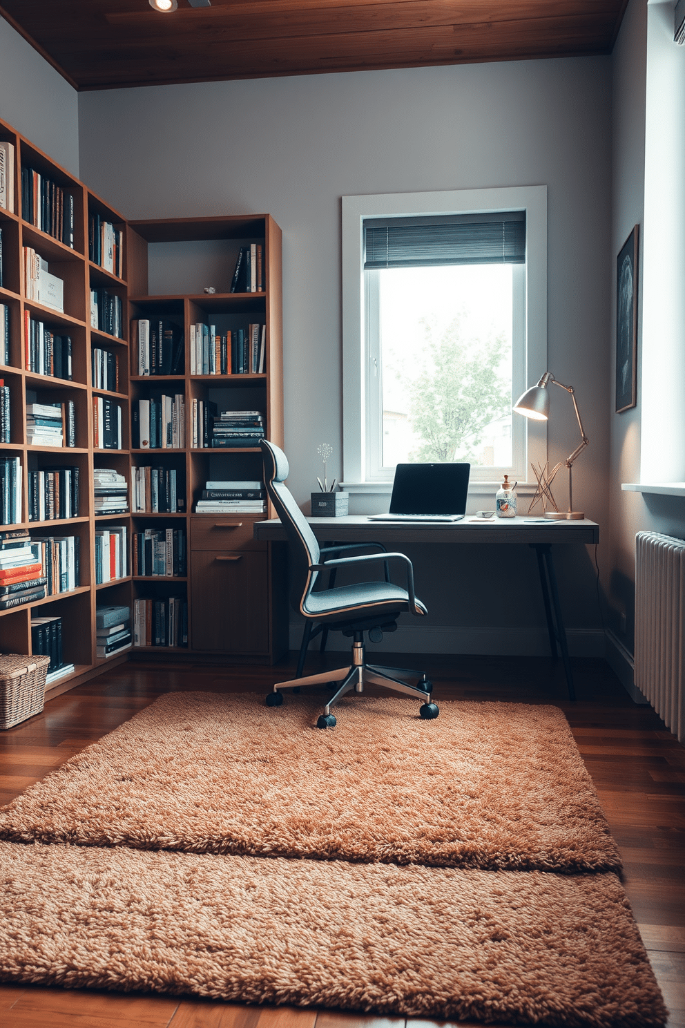 A cozy study room featuring a plush, textured area rug in warm earth tones that complements the wooden flooring. The room is adorned with a large bookshelf filled with books, and a sleek desk positioned near a window to maximize natural light. The desk is equipped with an ergonomic chair and stylish stationery organizers. Soft ambient lighting from a modern desk lamp creates an inviting atmosphere for productivity and creativity.