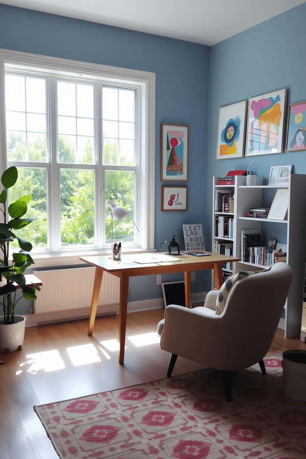 A bright and airy study room features a large window that floods the space with natural light, illuminating a sleek wooden desk adorned with a modern lamp and a few art supplies. The walls are painted in a soft blue hue, and a gallery of inspiring artwork hangs above the desk, showcasing vibrant colors and abstract designs to spark creativity. In one corner, a cozy reading nook is created with a plush armchair and a small bookshelf filled with inspiring books and art references. A patterned rug adds warmth to the space, while a potted plant brings a touch of nature indoors, creating an inviting atmosphere for creativity and focus.