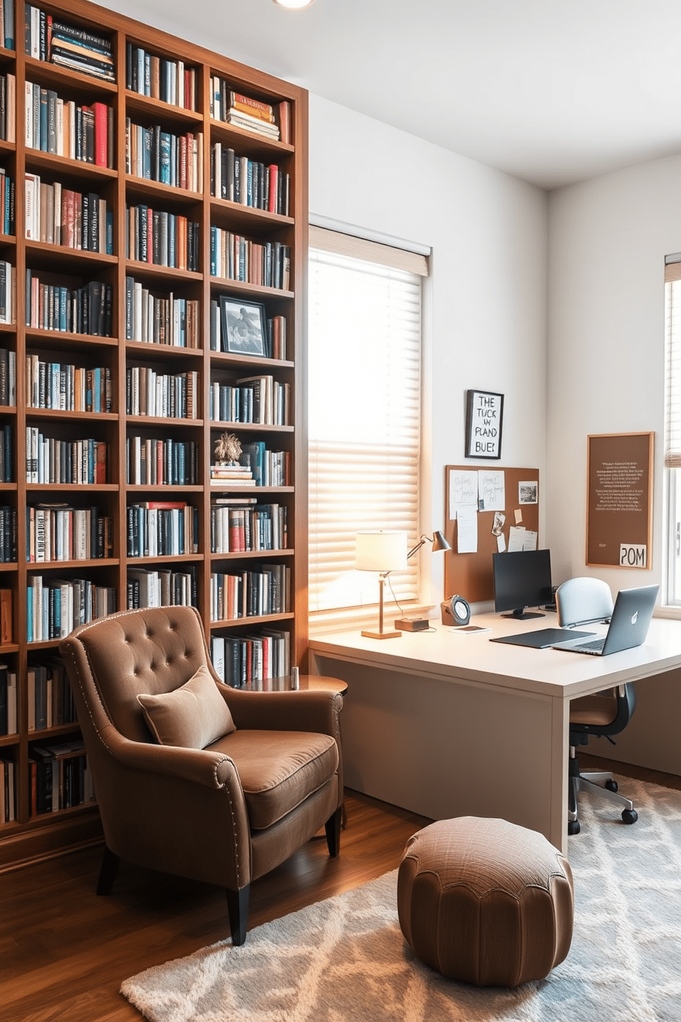 A personalized book collection display features a custom-built wooden bookshelf that stretches from floor to ceiling, showcasing a variety of books arranged by color and size. A cozy reading nook is created with a plush armchair in a rich fabric, accompanied by a small side table and a warm reading lamp. The study room is designed with a large, sleek desk positioned near a window to maximize natural light, complemented by an ergonomic chair for comfort. The walls are adorned with inspirational artwork and a bulletin board, while a soft area rug adds warmth to the space.