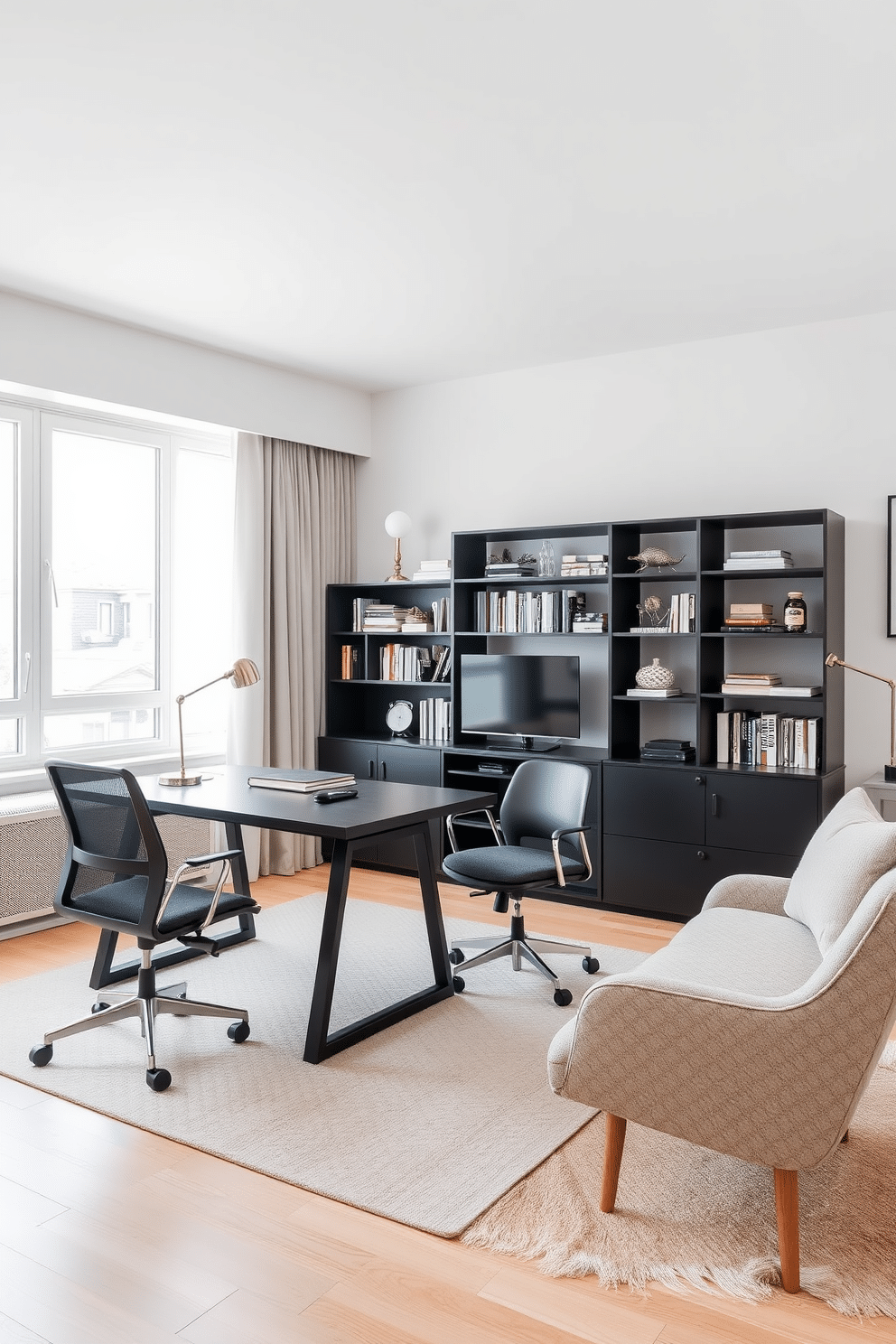 A modern study room featuring multi-functional furniture that maximizes space and versatility. The room includes a sleek desk that transforms into a dining table, paired with ergonomic chairs that can be easily stacked or stored away when not in use. On one side, a stylish bookshelf doubles as a room divider, showcasing books and decorative items while providing privacy. Large windows allow natural light to flood the space, complemented by soft, neutral-toned decor and a cozy reading nook with a plush armchair.