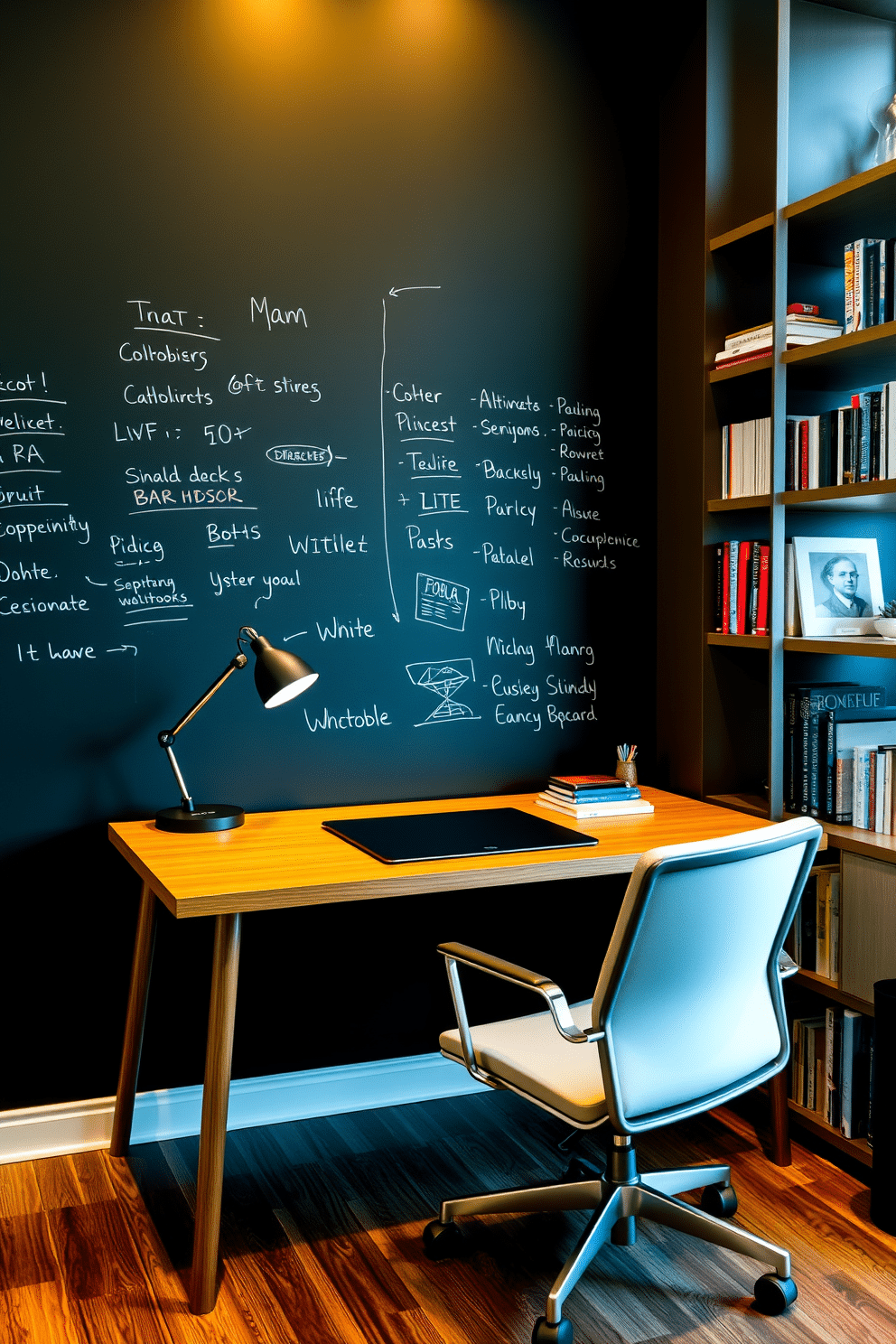 A modern study room featuring a large chalkboard wall, perfect for jotting down notes and ideas. The space includes a sleek wooden desk with a comfortable ergonomic chair, complemented by a stylish bookshelf filled with books and decorative items.