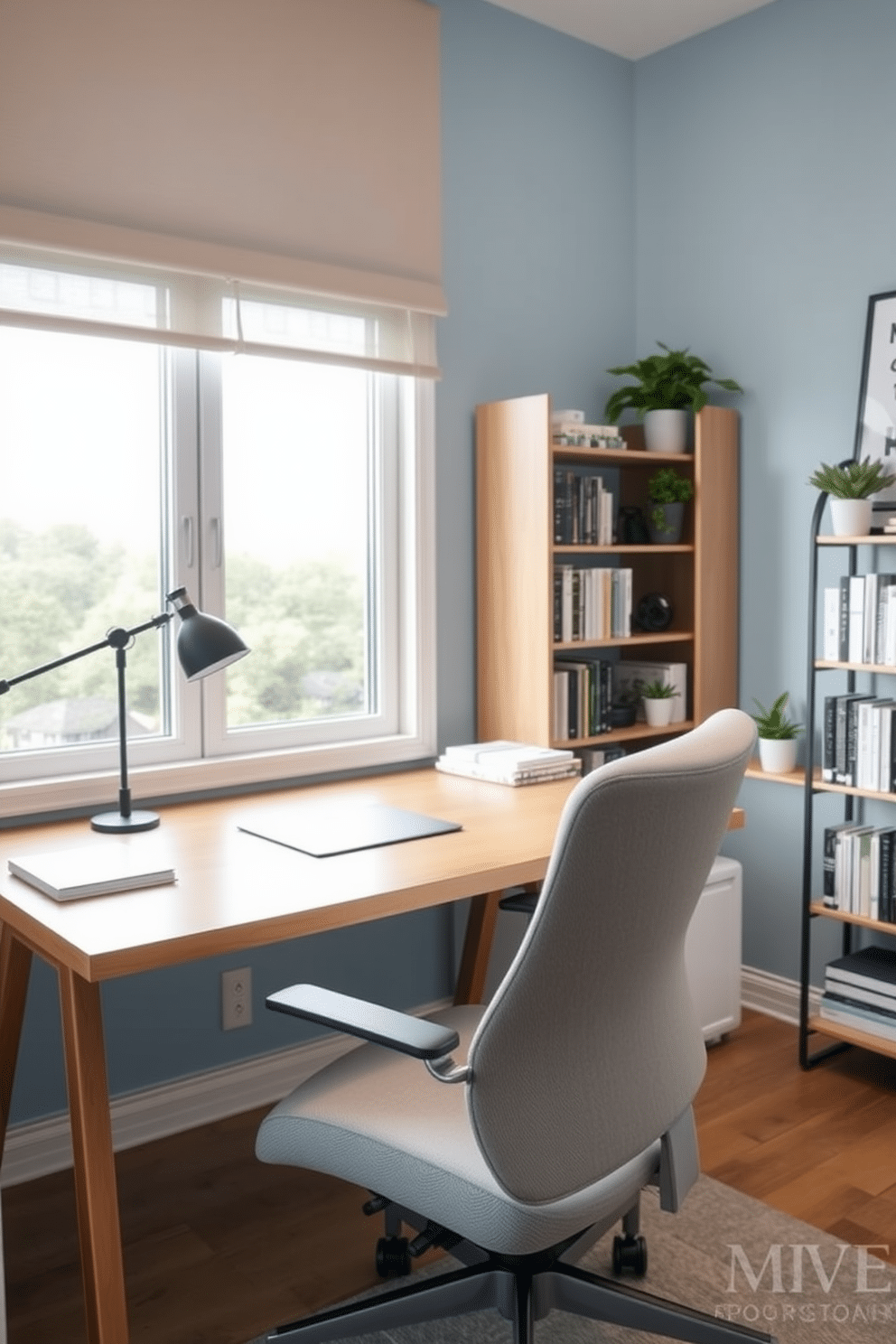 A calming study room designed for focus features soft blue walls that create a serene atmosphere. A sleek wooden desk with minimal clutter sits in front of a large window, allowing natural light to flood the space. The room includes a comfortable ergonomic chair upholstered in light gray fabric, promoting productivity and comfort. A stylish bookshelf filled with neatly organized books lines one wall, complemented by a few decorative plants for a touch of greenery.