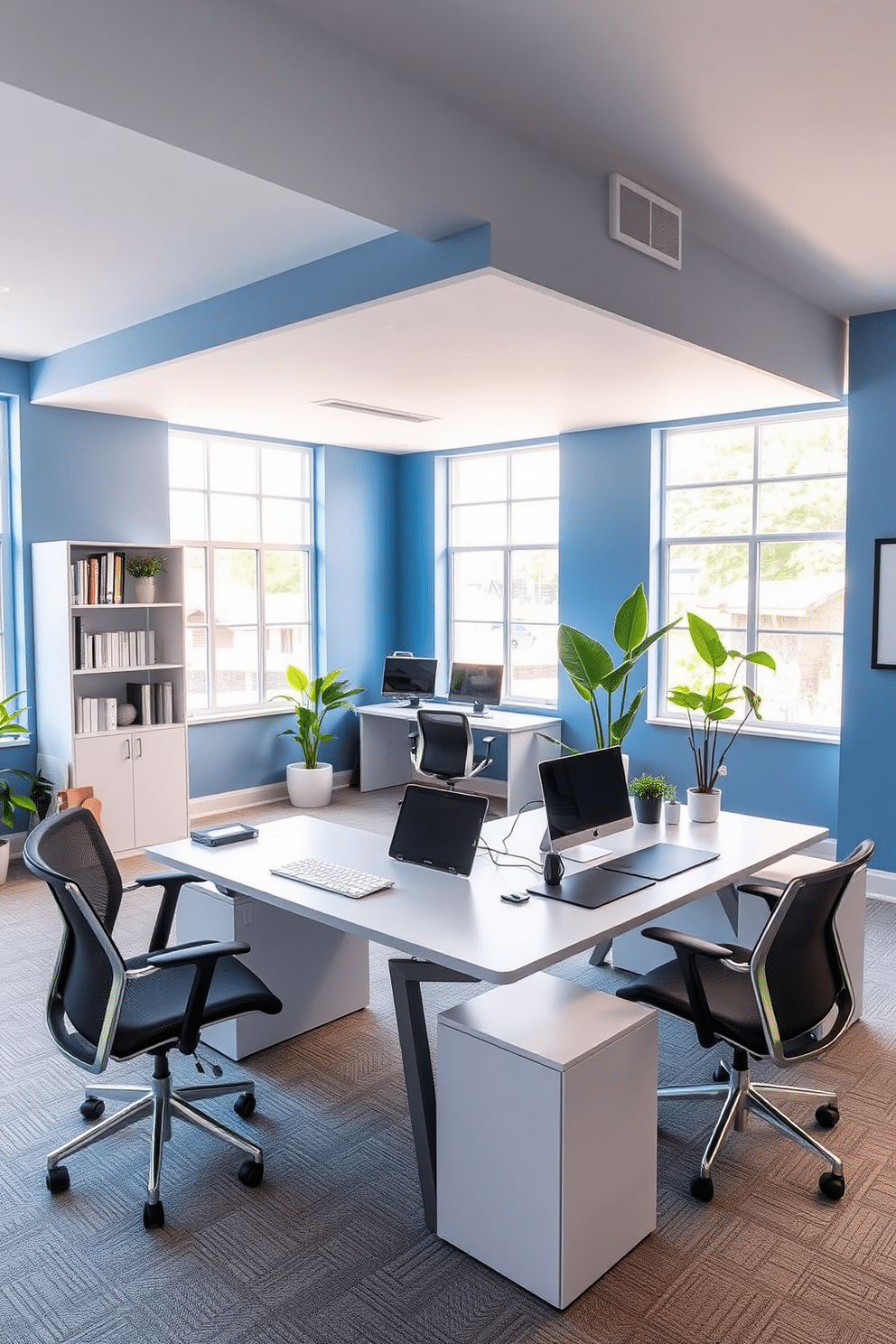 A tech-friendly workspace featuring sleek, modern furniture, including a large desk with built-in charging stations for multiple devices. The room is illuminated by natural light from large windows, and the walls are painted in a calming blue hue to promote focus and creativity. Incorporate ergonomic seating and a minimalist shelving unit to keep the area organized. Add greenery with potted plants to enhance the atmosphere and improve air quality, creating an inviting study room design.