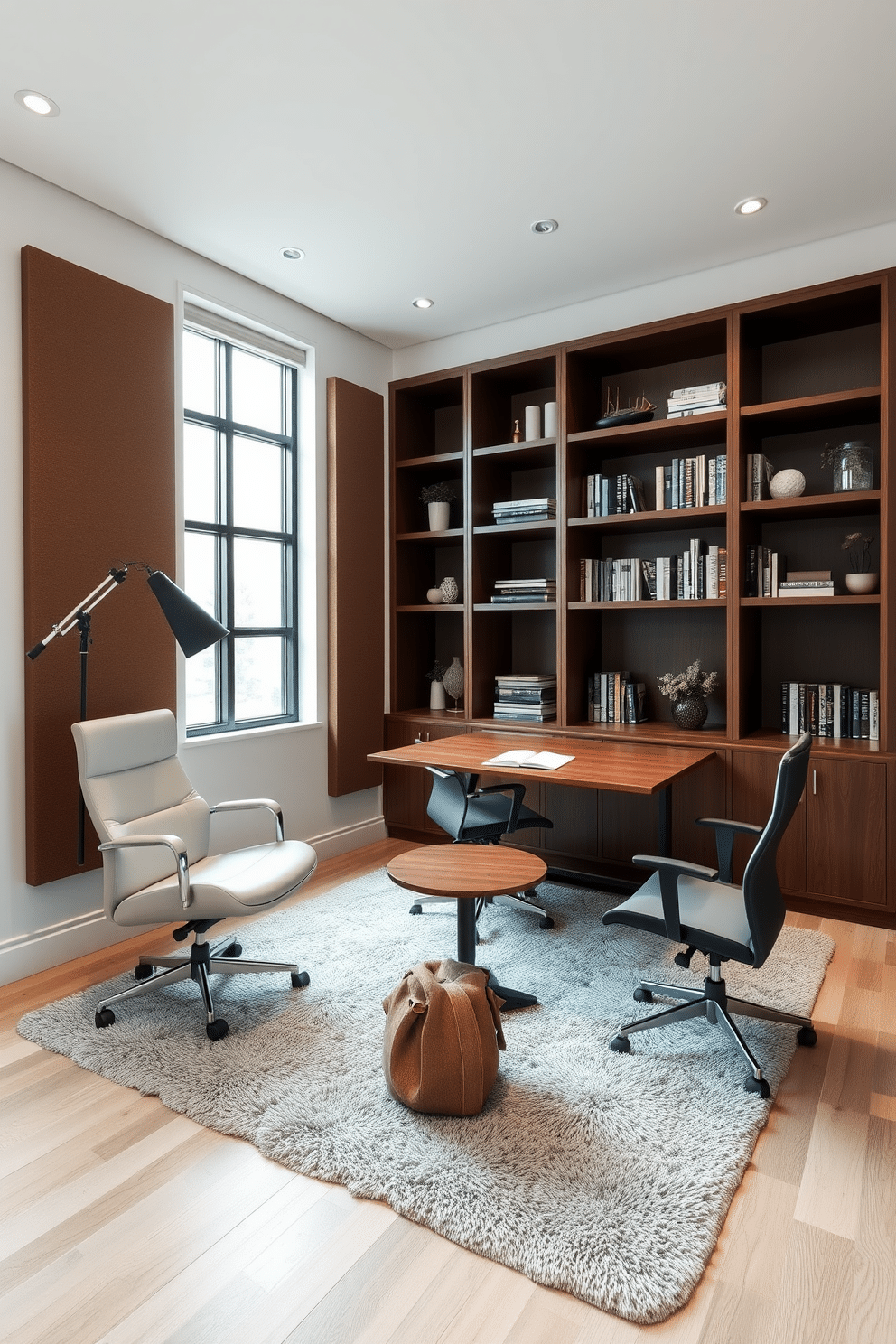 A serene study room designed for focus and tranquility. The space features soundproofing elements such as acoustic panels on the walls and a plush area rug that absorbs noise. A sleek wooden desk sits against a large window, providing ample natural light. Comfortable ergonomic seating is complemented by built-in bookshelves filled with neatly organized books and decor items.