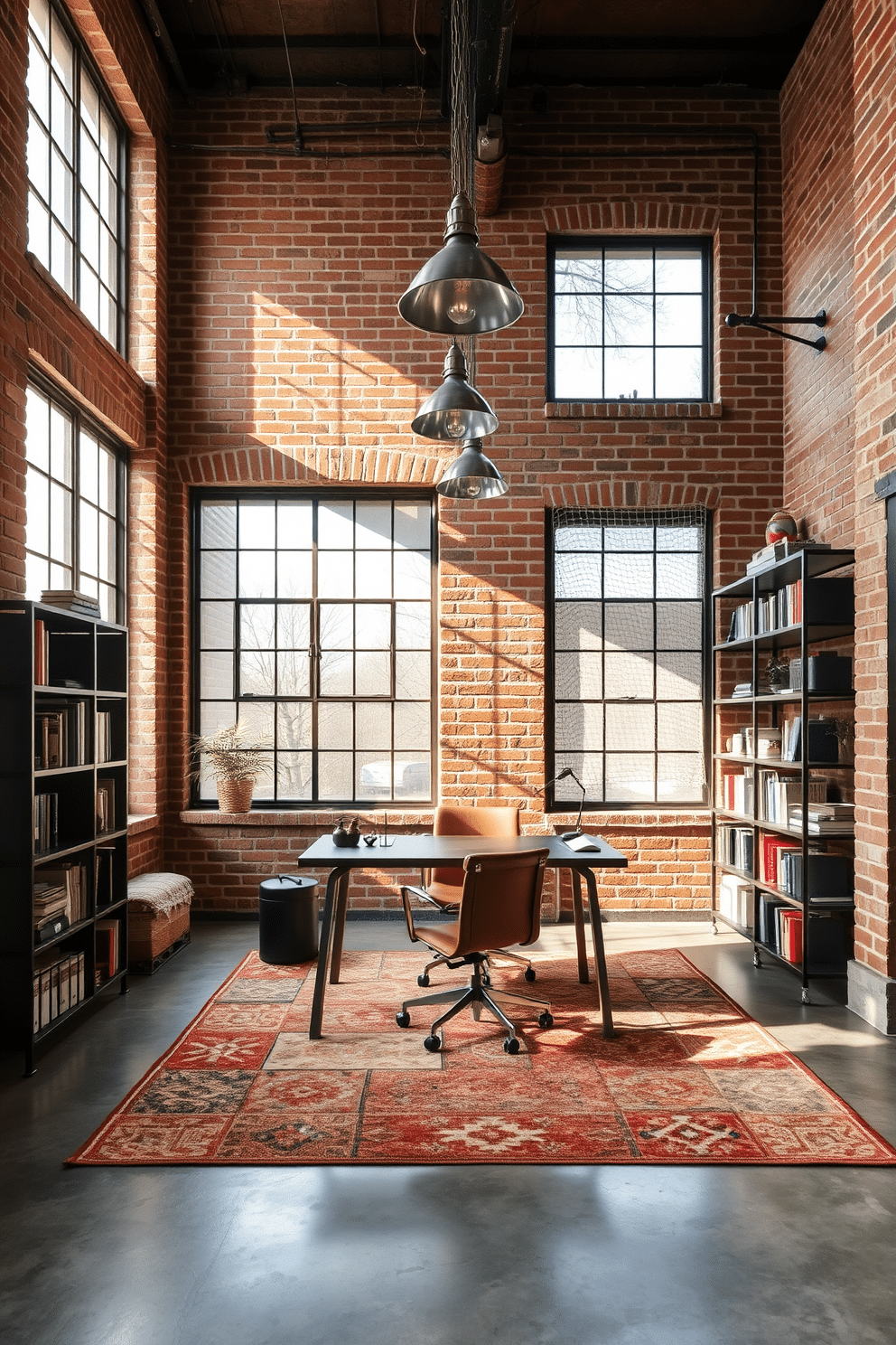 A modern study room featuring industrial style elements, characterized by exposed brick walls and large metal-framed windows that allow natural light to flood the space. A sleek metal desk sits in the center, complemented by a vintage leather chair and a stylish bookshelf filled with books and decorative items. The floor is polished concrete, enhancing the industrial aesthetic, while a large area rug adds warmth and texture. Overhead, industrial pendant lights hang from the ceiling, illuminating the workspace and creating an inviting atmosphere.