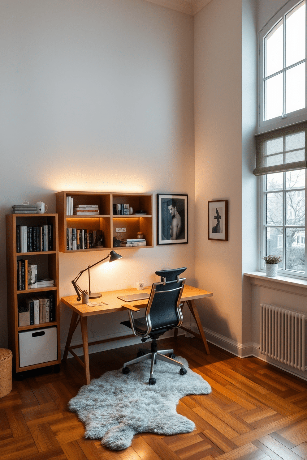 A study room designed for both productivity and relaxation, featuring layered lighting that includes a sleek desk lamp for focused tasks and warm ambient lights that create a cozy atmosphere. The walls are painted in a soft, calming hue, complemented by a large window that allows natural light to flood the space, enhancing the overall aesthetic. A modern wooden desk is positioned against the wall, accompanied by an ergonomic chair and a stylish bookshelf filled with books and decorative items. A plush area rug adds warmth to the hardwood floor, while framed artwork adorns the walls, inspiring creativity and focus.