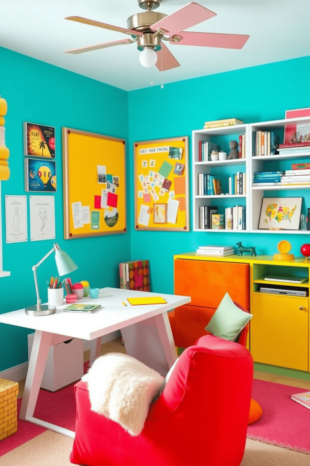 A vibrant study room filled with bright colors that inspire creativity and energy. The walls are painted in a lively shade of turquoise, complemented by a yellow accent wall featuring a large bulletin board. A sleek white desk sits in the center, adorned with colorful stationery and a modern lamp. A cozy, oversized chair in a bold red hue invites relaxation, while shelves filled with books and decorative items add personality to the space.