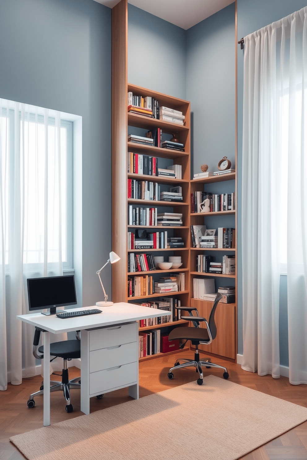 A modern study room featuring a tall bookshelf that stretches from floor to ceiling, filled with an array of books and decorative objects. A sleek, minimalist desk is positioned against one wall, complemented by a comfortable ergonomic chair and a stylish desk lamp that provides warm lighting. The walls are painted in a soft, calming blue, enhancing focus and creativity. A large window allows natural light to flood the room, with sheer curtains that add a touch of elegance while maintaining privacy.