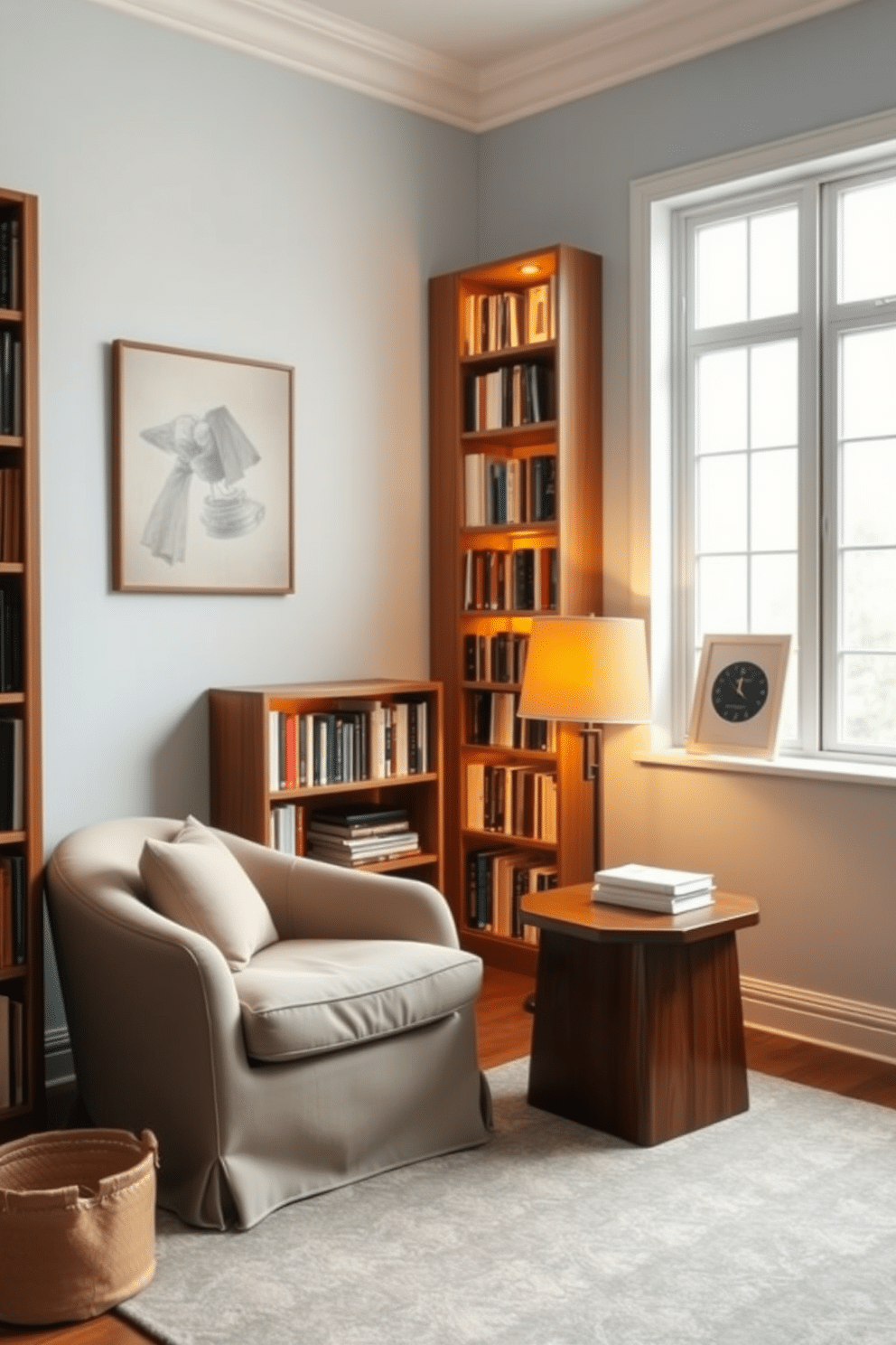 A cozy study room features a plush armchair upholstered in soft fabric, positioned next to a sleek wooden side table. A tall bookshelf filled with an array of books lines one wall, while warm, ambient lighting creates an inviting atmosphere for reading. The walls are painted in a calming light blue, complemented by a patterned area rug that adds texture to the space. A large window allows natural light to flood the room, enhancing the overall comfort and tranquility of the reading nook.