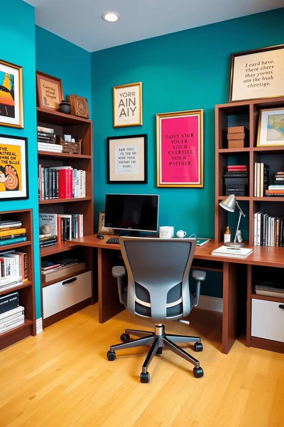 A vibrant study room featuring a colorful accent wall painted in a bold teal, adorned with framed artwork and motivational quotes. The room includes a sleek wooden desk with a modern ergonomic chair, surrounded by shelves filled with books and decorative items that reflect personal interests.