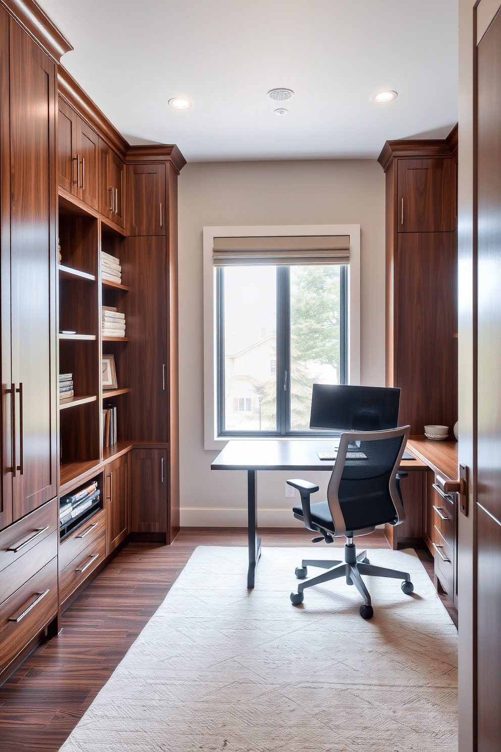 A cozy study room featuring custom cabinetry designed for organized storage. The cabinetry is crafted from rich walnut wood, showcasing sleek lines and integrated shelving for books and decorative items. A large, sturdy desk sits in front of a window, allowing natural light to illuminate the workspace. A comfortable ergonomic chair complements the desk, and a soft area rug adds warmth to the room.