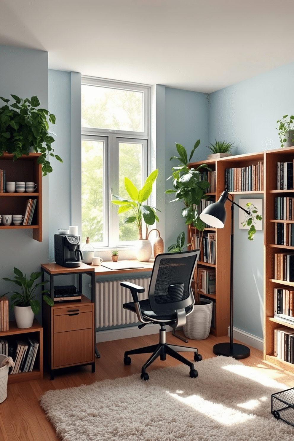 A cozy study room featuring a small coffee station in the corner, complete with a sleek espresso machine and a wooden shelf stocked with coffee mugs and supplies. The walls are painted in a calming light blue, and a large window allows natural light to flood the space, illuminating a minimalist desk with a comfortable ergonomic chair. The study is adorned with lush green plants that bring a touch of nature indoors, while a plush area rug adds warmth underfoot. Bookshelves line one wall, filled with an array of books, and a stylish floor lamp provides additional lighting for late-night study sessions.