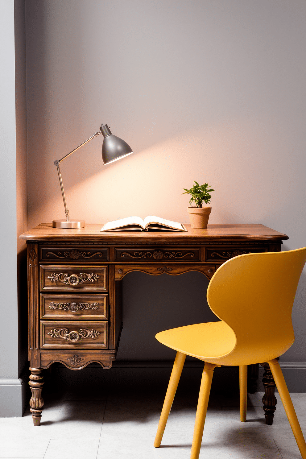 A vintage wooden desk with intricate carvings sits against a soft gray wall, complemented by a sleek, modern chair in a bold color. A stylish desk lamp with a warm glow illuminates an open notebook and a potted plant, adding a touch of greenery to the workspace.