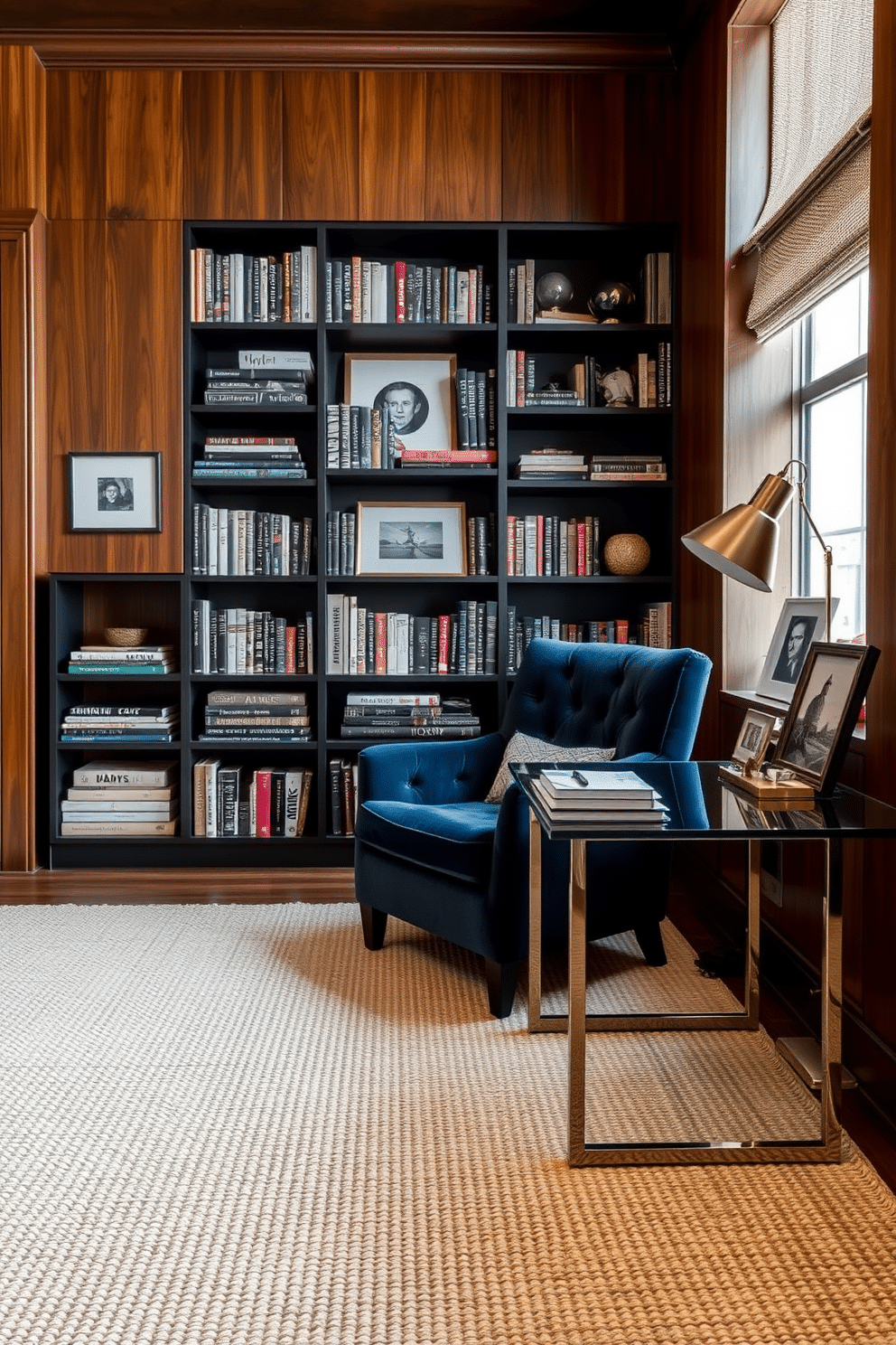 A cozy study room featuring a blend of textures for visual interest. The walls are adorned with rich wooden paneling, while a plush, deep blue velvet armchair sits beside a sleek glass desk. A large bookshelf filled with an eclectic mix of books and decorative items lines one wall, adding warmth and character. A soft, woven area rug in neutral tones anchors the space, complementing the metallic accents of the desk lamp and picture frames.