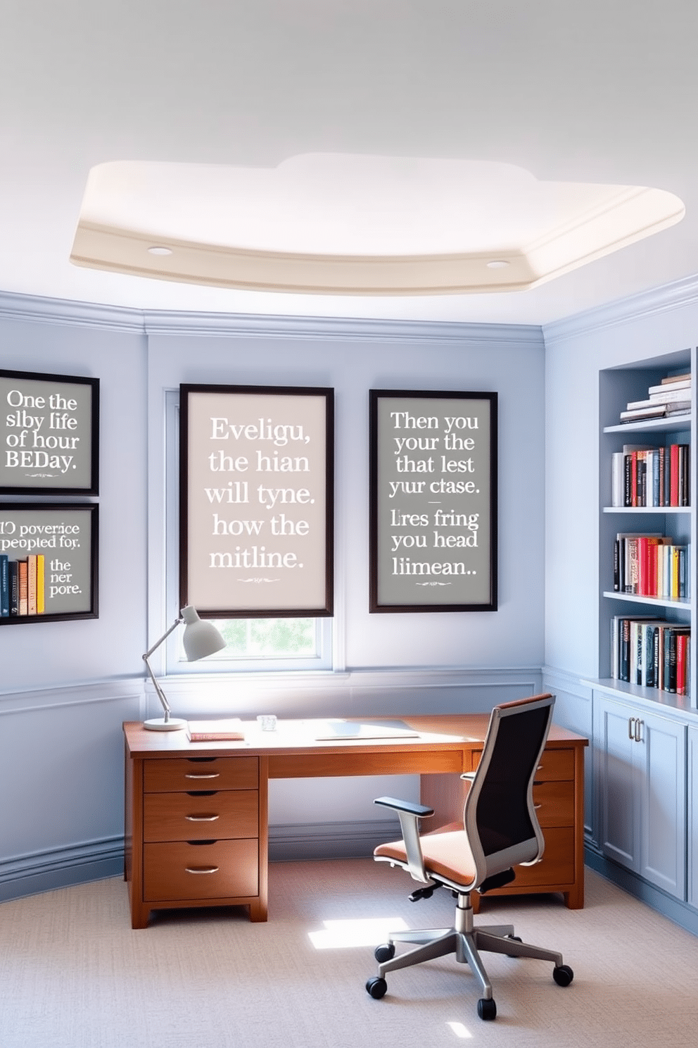 Inspirational quotes displayed on walls create an uplifting atmosphere that encourages creativity and focus. The design features a soft color palette with light blue walls adorned with framed quotes in elegant typography. The study room includes a large wooden desk positioned near a window, allowing natural light to flood the space. A comfortable ergonomic chair complements the desk, while bookshelves filled with colorful books line the walls, adding warmth and character.