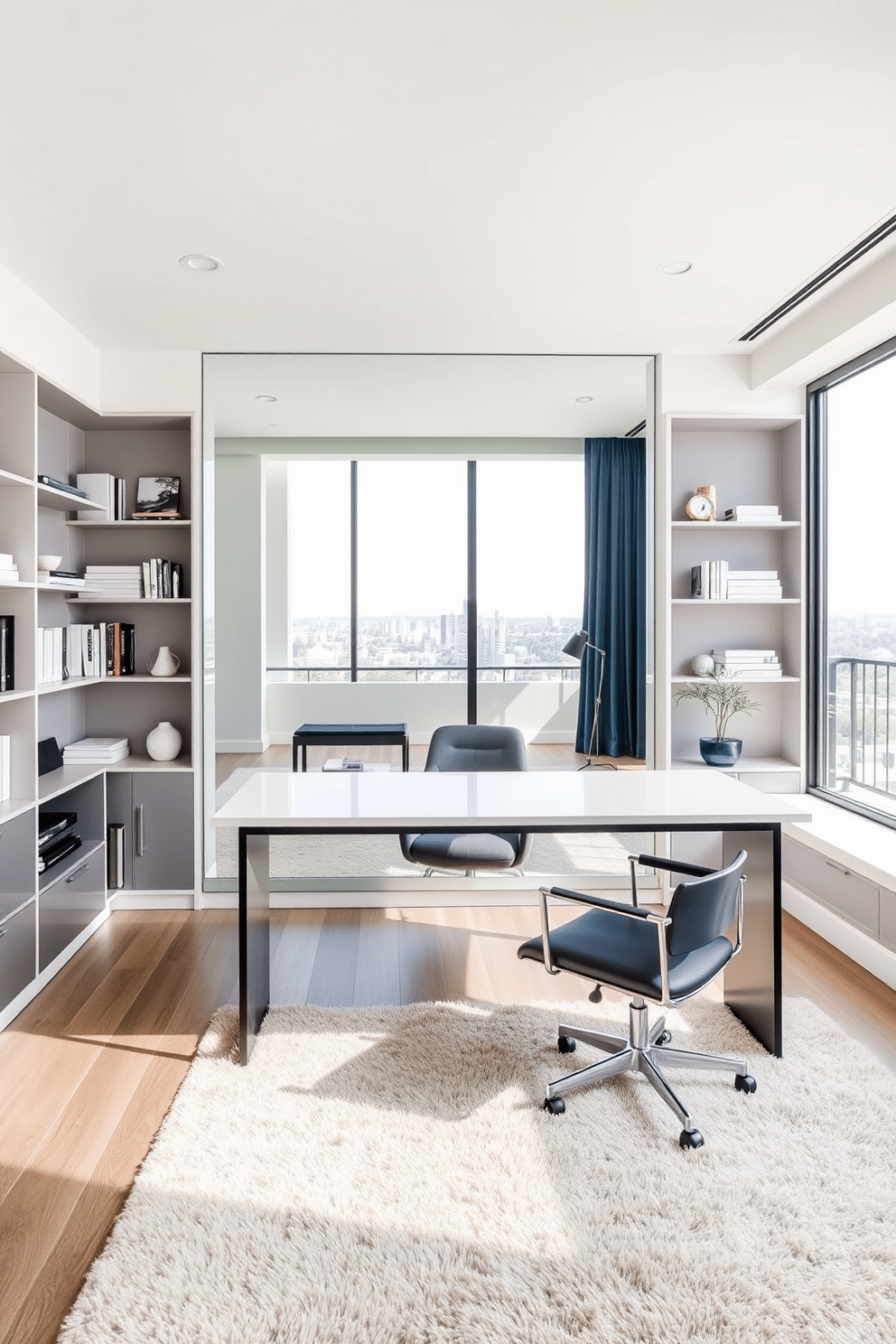 A modern study room featuring a large, sleek desk positioned in front of a floor-to-ceiling window that floods the space with natural light. On the opposite wall, an oversized mirror reflects the view, making the room feel more spacious and inviting. The color palette consists of soft neutrals with accents of deep blue, creating a calm and focused atmosphere. Shelves filled with books and decorative items line the walls, while a plush area rug adds warmth underfoot.