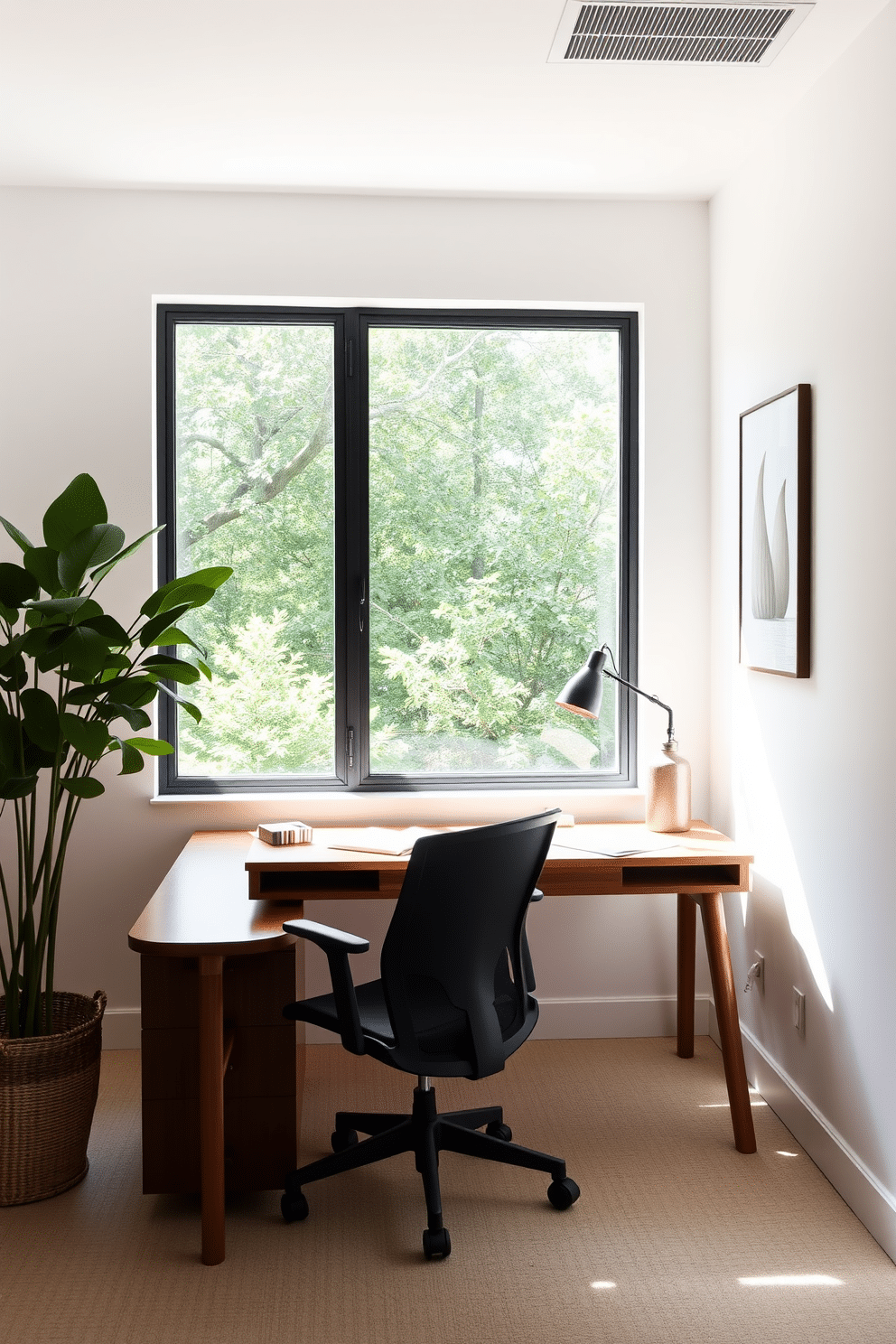 A minimalist study room featuring a sleek wooden desk paired with an ergonomic chair that offers optimal comfort. The walls are painted in a soft white, complemented by a large window allowing natural light to flood the space, creating an inviting atmosphere.