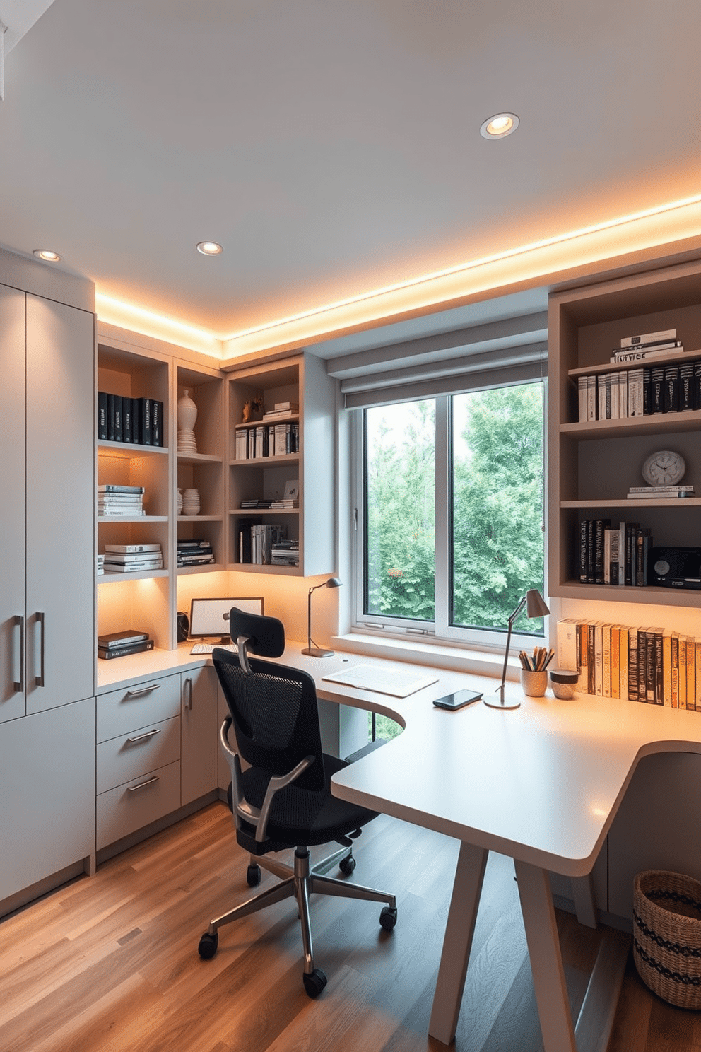 A modern study room featuring adjustable lighting that caters to various tasks. The space includes a sleek, minimalist desk with a comfortable ergonomic chair, surrounded by built-in shelves filled with books and decorative items. Soft ambient lighting fills the room, while task lighting is strategically placed above the desk for focused work. A large window allows natural light to flood in, complemented by warm, adjustable LED lights that enhance productivity during late-night study sessions.