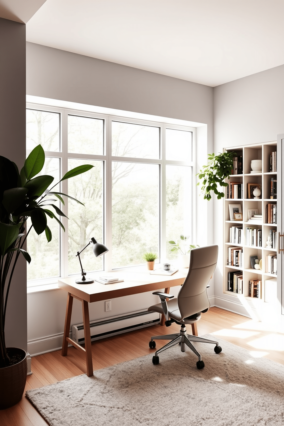 A serene study room bathed in natural light, featuring large floor-to-ceiling windows that invite the outdoors in. The space is adorned with a sleek wooden desk positioned to take advantage of the sunlight, complemented by a comfortable ergonomic chair in a soft fabric. On the opposite wall, a built-in bookshelf showcases an array of books and decorative items, framed by lush indoor plants that add a touch of greenery. The walls are painted in a calming light gray, while a plush area rug in muted tones anchors the room, creating a cozy atmosphere for productivity.