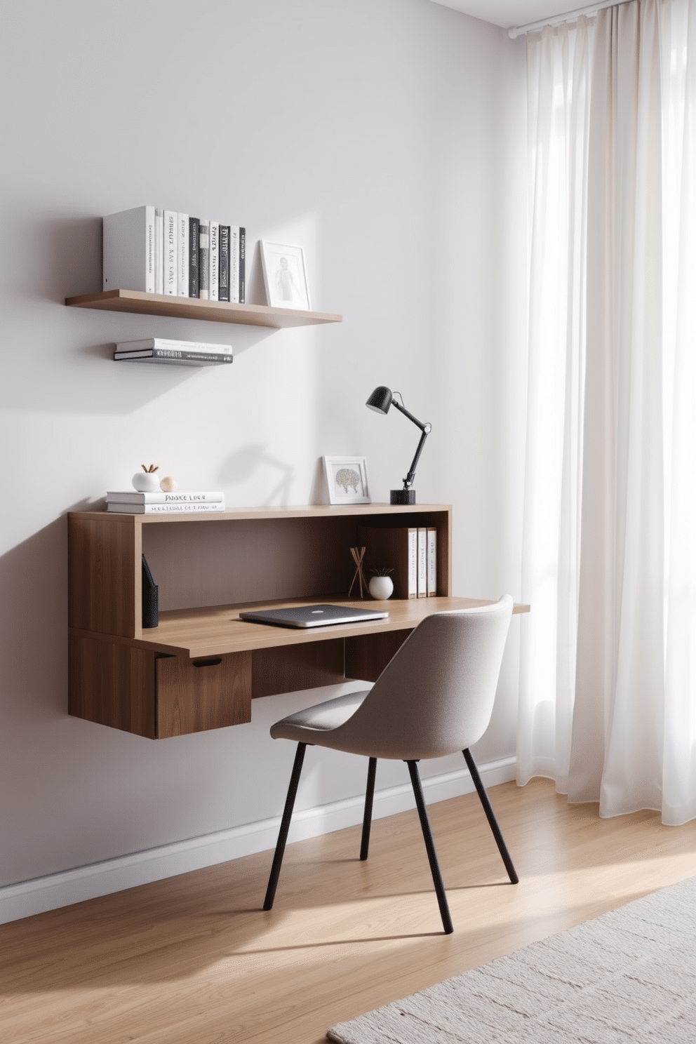 A sleek wall-mounted desk is positioned against a light gray wall, maximizing floor space while providing a functional work area. Above the desk, open shelving displays neatly arranged books and decorative items, creating an organized and inviting study ambiance. The chair is a minimalist design in soft fabric, complementing the desk while ensuring comfort during long study sessions. A large window allows natural light to flood the room, enhancing the calm atmosphere with sheer white curtains that gently diffuse the sunlight.