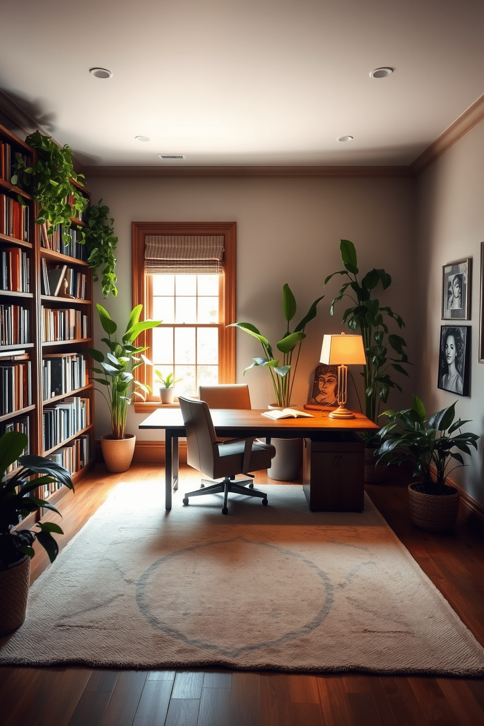 A serene study room featuring a large wooden desk positioned by a window, allowing natural light to flood the space. Shelves filled with books line the walls, and a comfortable armchair sits in the corner, inviting relaxation. Lush green plants are strategically placed throughout the room, adding a calming effect and enhancing the overall ambiance. A soft area rug in neutral tones anchors the space, while a stylish lamp provides warm lighting for late-night reading or studying.