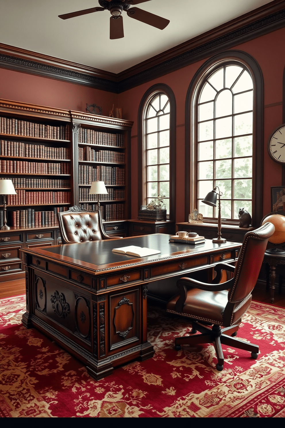 A vintage-inspired study room featuring a large, antique wooden desk with intricate carvings, paired with a comfortable leather chair. The walls are adorned with classic bookcases filled with leather-bound books, and a vintage globe sits on a side table next to a large window that lets in natural light. The color palette includes rich burgundy and deep green accents, complemented by a plush area rug with ornate patterns. Modern touches include sleek desk lamps and a minimalist wall clock, seamlessly blending old-world charm with contemporary functionality.