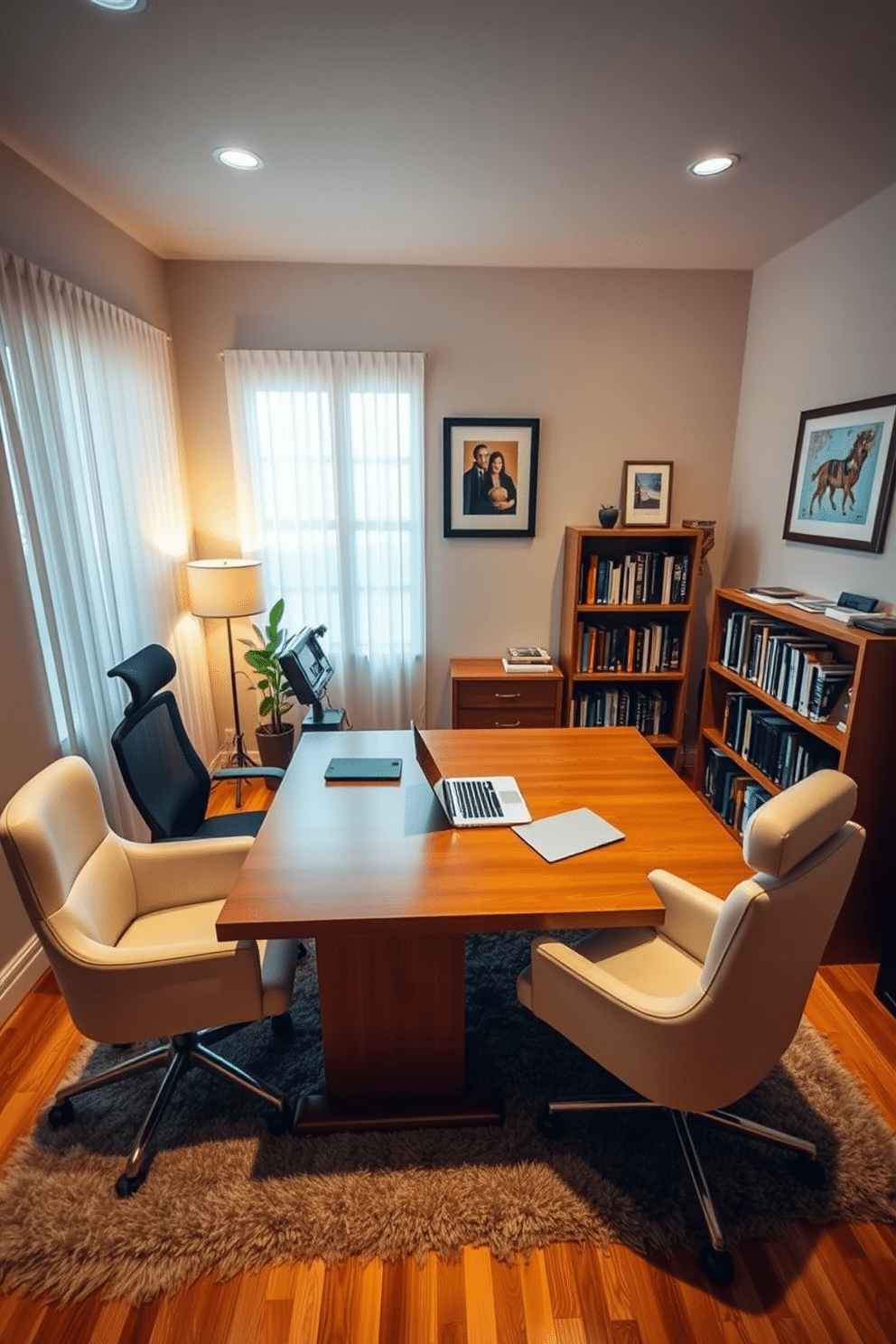 A cozy study room designed for productivity and relaxation. The space features a large wooden desk with a sleek laptop, surrounded by comfortable, ergonomic chairs and a bookshelf filled with well-organized books. Warm, soft lighting illuminates the room, creating an inviting ambiance. A plush area rug lies underfoot, while framed artwork adorns the walls, adding a personal touch to the space.