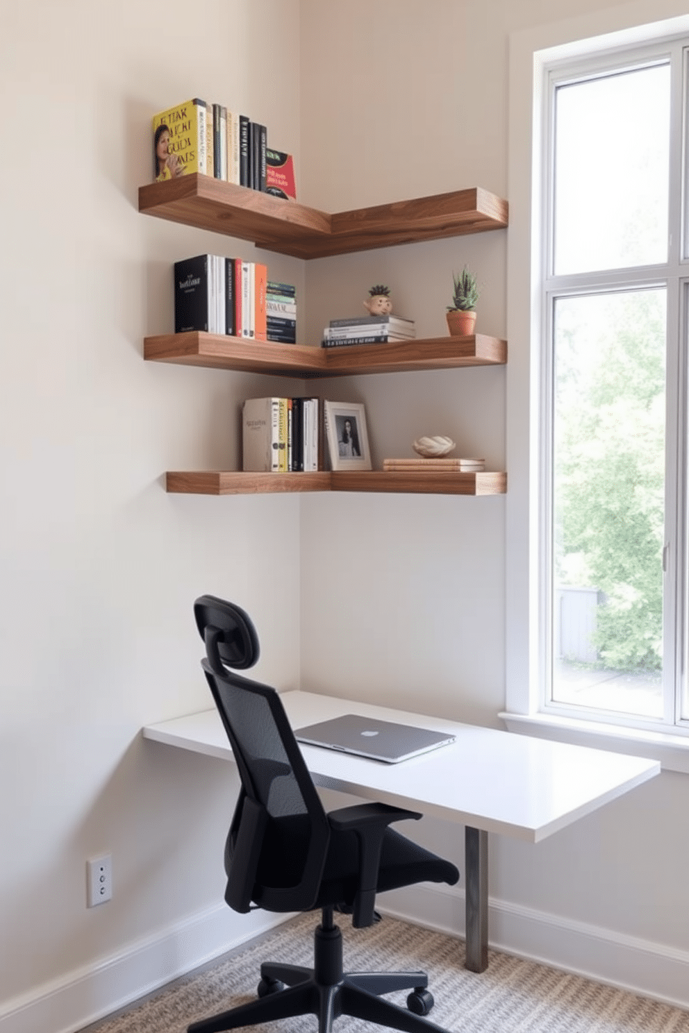 A cozy study room featuring floating shelves made of reclaimed wood, elegantly mounted on the walls to showcase books and decorative items. A sleek, modern desk sits beneath the shelves, paired with a comfortable ergonomic chair, and a large window allows natural light to flood the space, enhancing productivity.