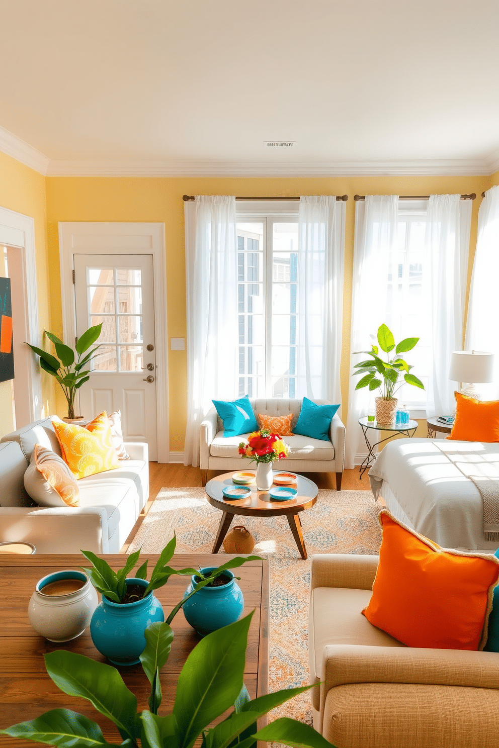 A bright and airy living room filled with natural light. The walls are painted in a soft pastel yellow, complemented by white trim and colorful artwork. A cozy seating area features a light blue sofa adorned with vibrant throw pillows. A round coffee table with a cheerful floral design sits in the center, surrounded by playful accent chairs. The dining space showcases a rustic wooden table set with colorful dishware. Bright green plants in ceramic pots add a refreshing touch to the room. In the bedroom, a light gray bedspread is accented with bright orange and turquoise pillows. Large windows draped with sheer white curtains allow sunlight to flood the space, creating a warm and inviting atmosphere.