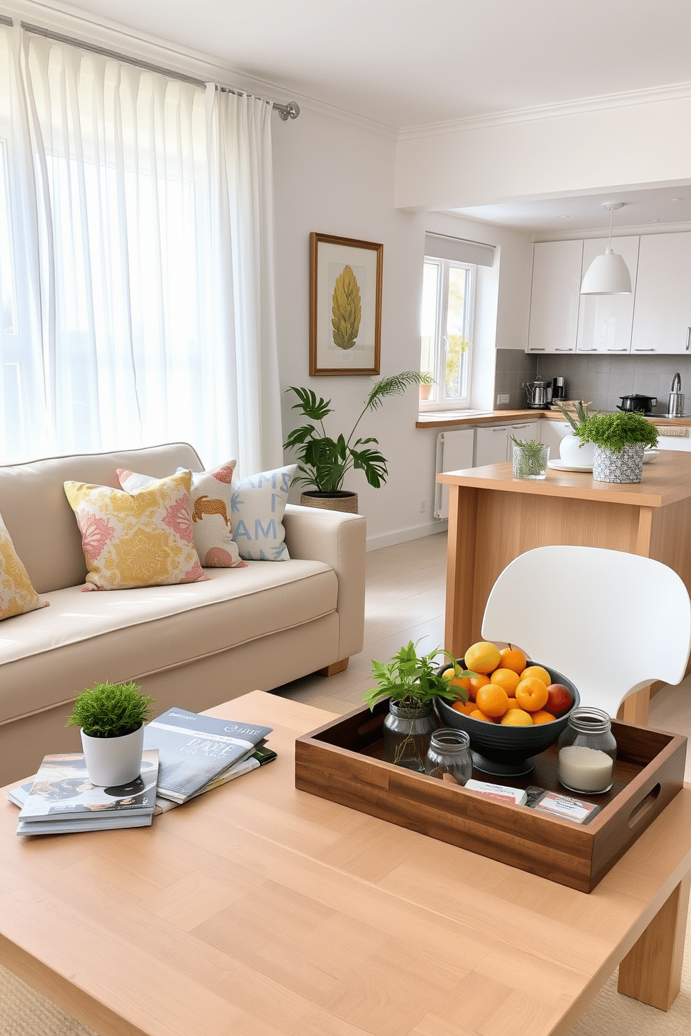 A bright and airy summer apartment living room featuring a light beige sofa adorned with colorful throw pillows. A decorative tray sits on the coffee table, neatly organizing magazines and a small potted plant, while sheer curtains allow natural light to flood the space. In the kitchen, a wooden island is topped with a vibrant fruit bowl and a stylish tray holding cooking essentials. The walls are painted in soft pastel tones, and fresh herbs in decorative pots add a touch of greenery to the countertops.