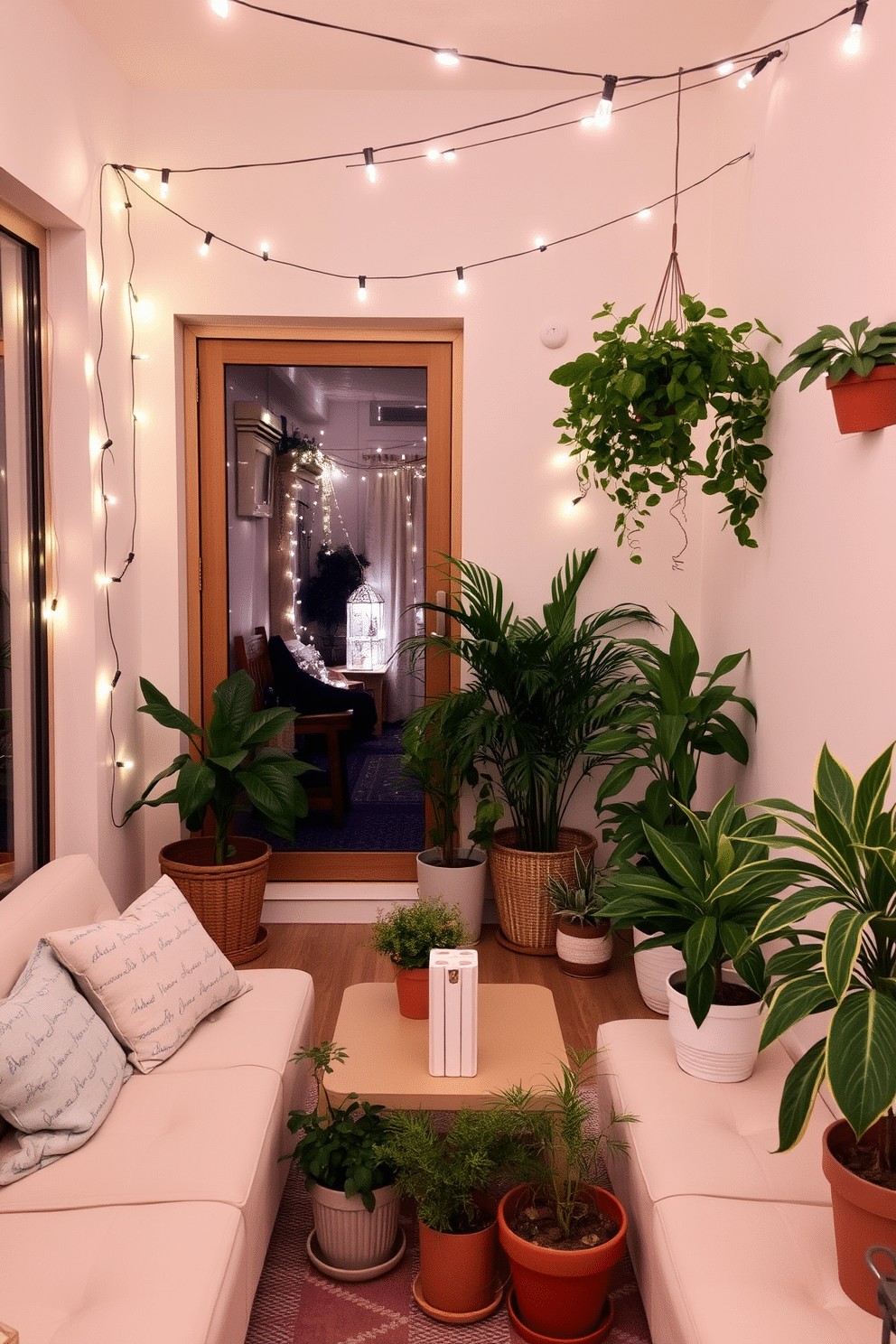 A cozy summer apartment decorated with string lights creating a warm and inviting atmosphere. The walls are adorned with light pastel colors, and potted plants are placed in every corner to enhance the freshness of the space.