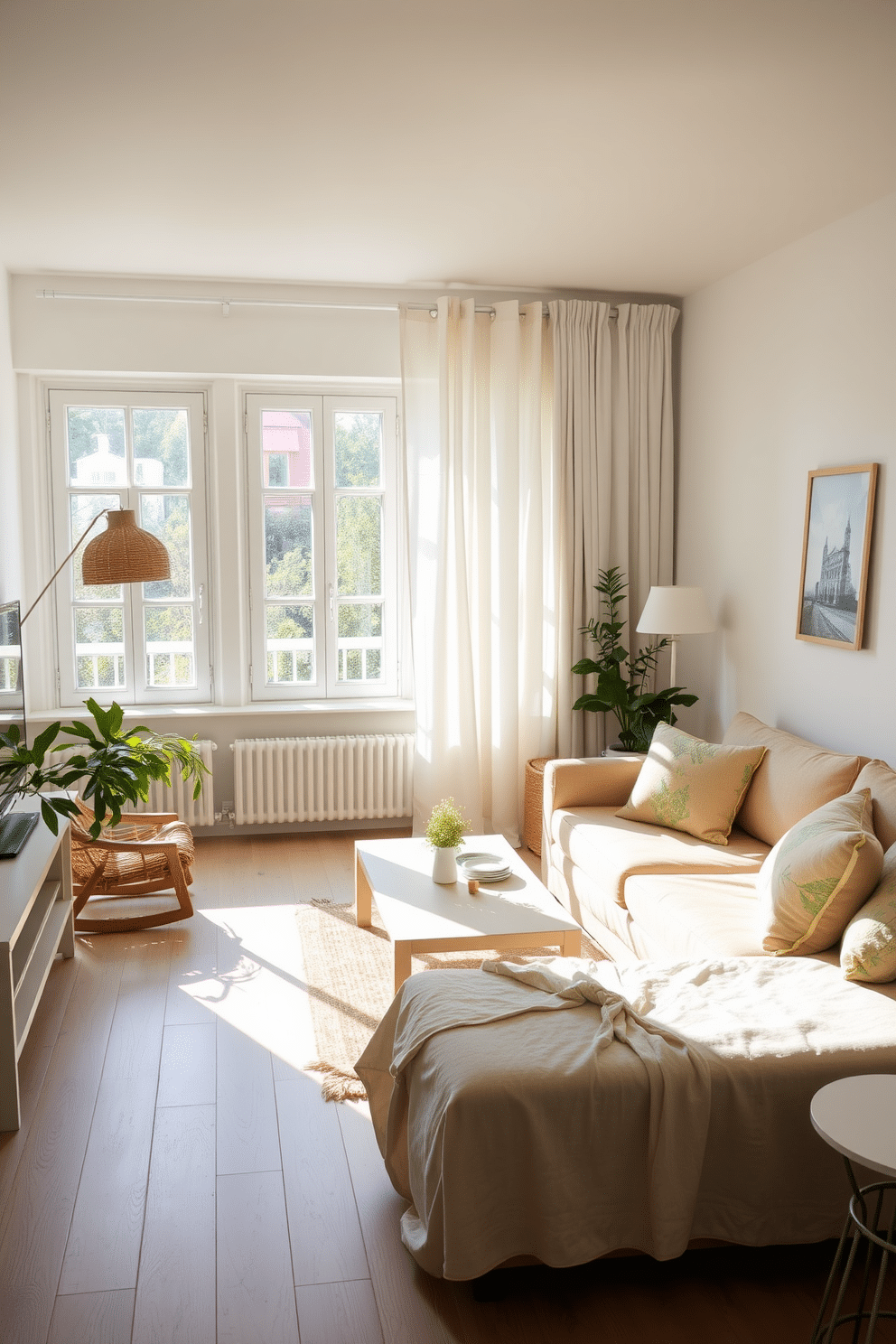 A bright and airy summer apartment setting. Light, breathable fabrics drape over the furniture, creating a relaxed and inviting atmosphere. Soft pastel colors dominate the decor, with accents of vibrant greens and yellows. A large window allows natural light to flood the space, illuminating the light wood flooring and open layout.