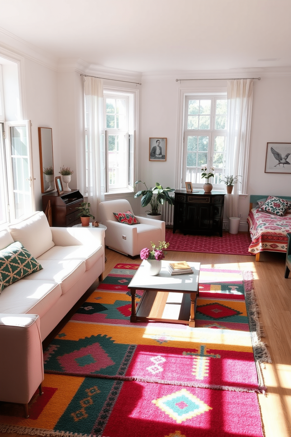 A bright and airy summer apartment filled with natural light. Colorful area rugs in vibrant hues are scattered across the living room and bedroom, adding warmth and personality to the spaces. The living room features a large, multi-colored area rug that complements the light furniture and brightens the overall atmosphere. In the bedroom, a bold patterned rug enhances the cozy feel, creating a perfect spot for relaxation.