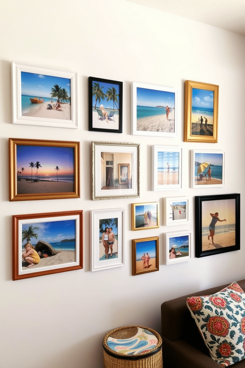 Create a gallery wall featuring a collection of vibrant vacation photos arranged in an eclectic mix of frames. The wall is painted in a soft white, allowing the colorful images to pop while adding a personal touch to the summer apartment decor.