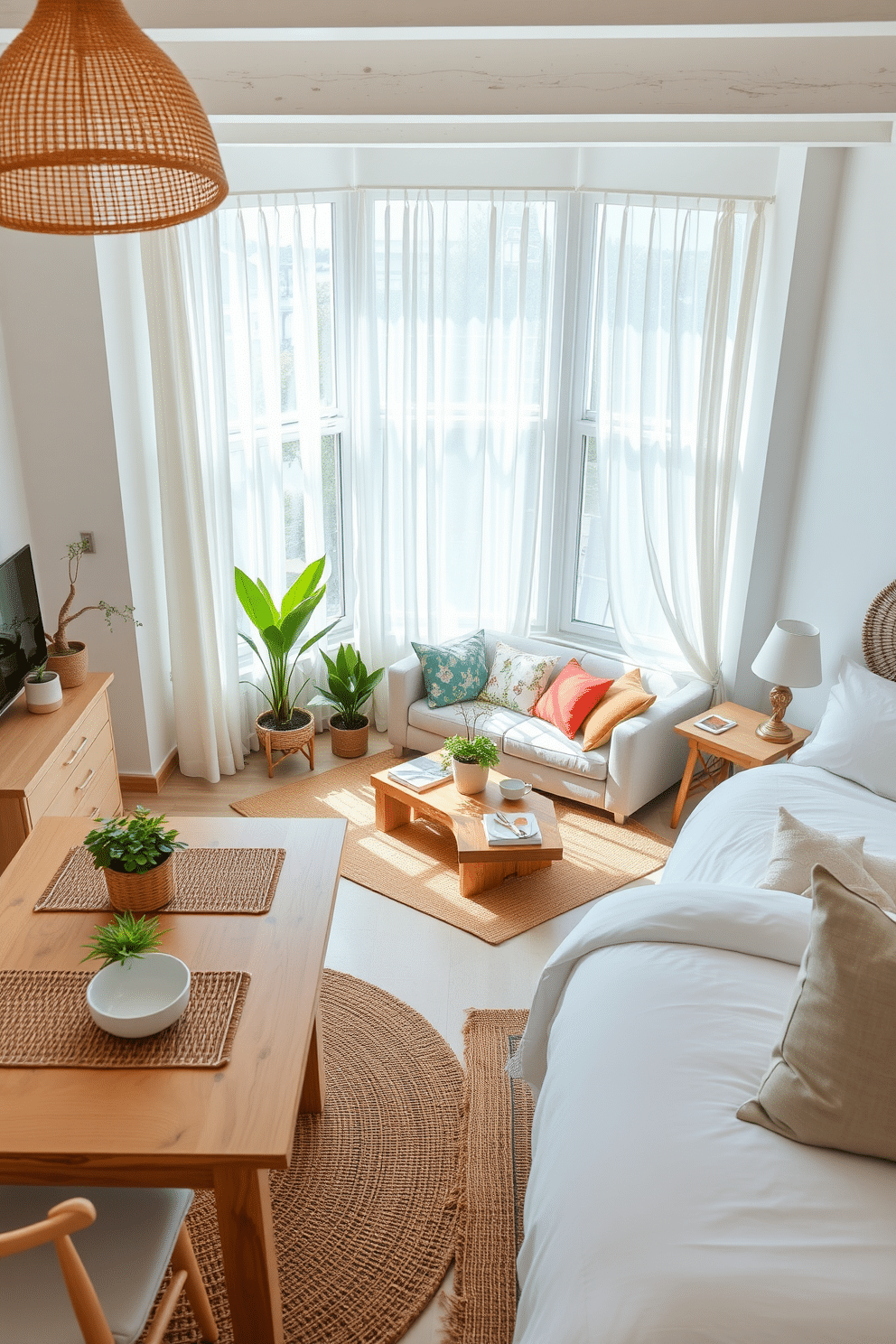 A bright and airy summer apartment filled with natural light. The living room features a jute area rug that adds warmth and texture to the space. The walls are painted in a soft white, complementing the light wood furniture. Large windows are adorned with sheer linen curtains that flutter gently in the breeze. A cozy seating area includes a light gray sofa adorned with colorful throw pillows. A rustic coffee table made of reclaimed wood sits at the center, surrounded by potted plants for a fresh touch. In the dining area, a natural wood table is set with woven placemats and simple ceramic dishware. The space is enhanced by a pendant light made of natural fibers, creating an inviting atmosphere. The bedroom showcases a jute headboard paired with crisp white bedding. A small bedside table made of driftwood holds a lamp with a linen shade, adding to the serene vibe of the room.