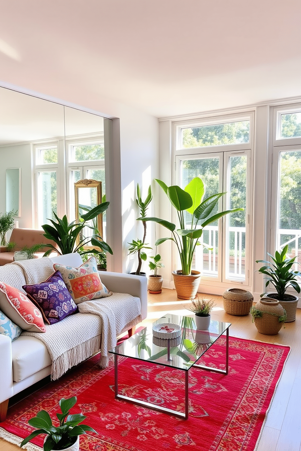 A bright and airy summer apartment with large windows allowing natural light to flood the space. The walls are painted in a soft pastel color, and strategically placed mirrors enhance the brightness and create an illusion of depth. The living area features a comfortable sofa adorned with colorful throw pillows and a lightweight, textured throw blanket. A glass coffee table sits atop a vibrant area rug, while potted plants add a touch of greenery throughout the apartment.