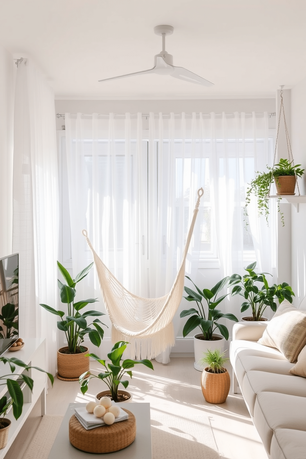 A bright and airy summer apartment decorated with light, pastel colors. The living space features a cozy hammock chair suspended from the ceiling, inviting relaxation and leisure. Soft, sheer curtains gently flutter in the warm breeze, allowing natural light to flood the room. Potted plants are strategically placed throughout, adding a touch of greenery and freshness to the decor.