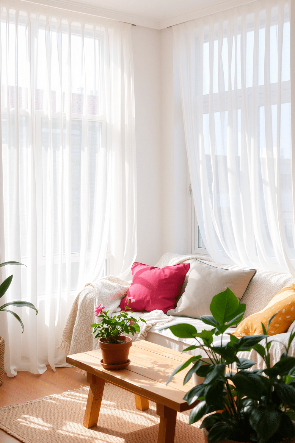 A bright and airy summer apartment setting filled with natural light. The room features lightweight sheer curtains that gently flutter in the breeze, creating a soft and inviting atmosphere. The decor includes a comfortable sofa adorned with colorful throw pillows and a light, textured blanket. A wooden coffee table sits in front, surrounded by potted plants that add a touch of greenery to the space.