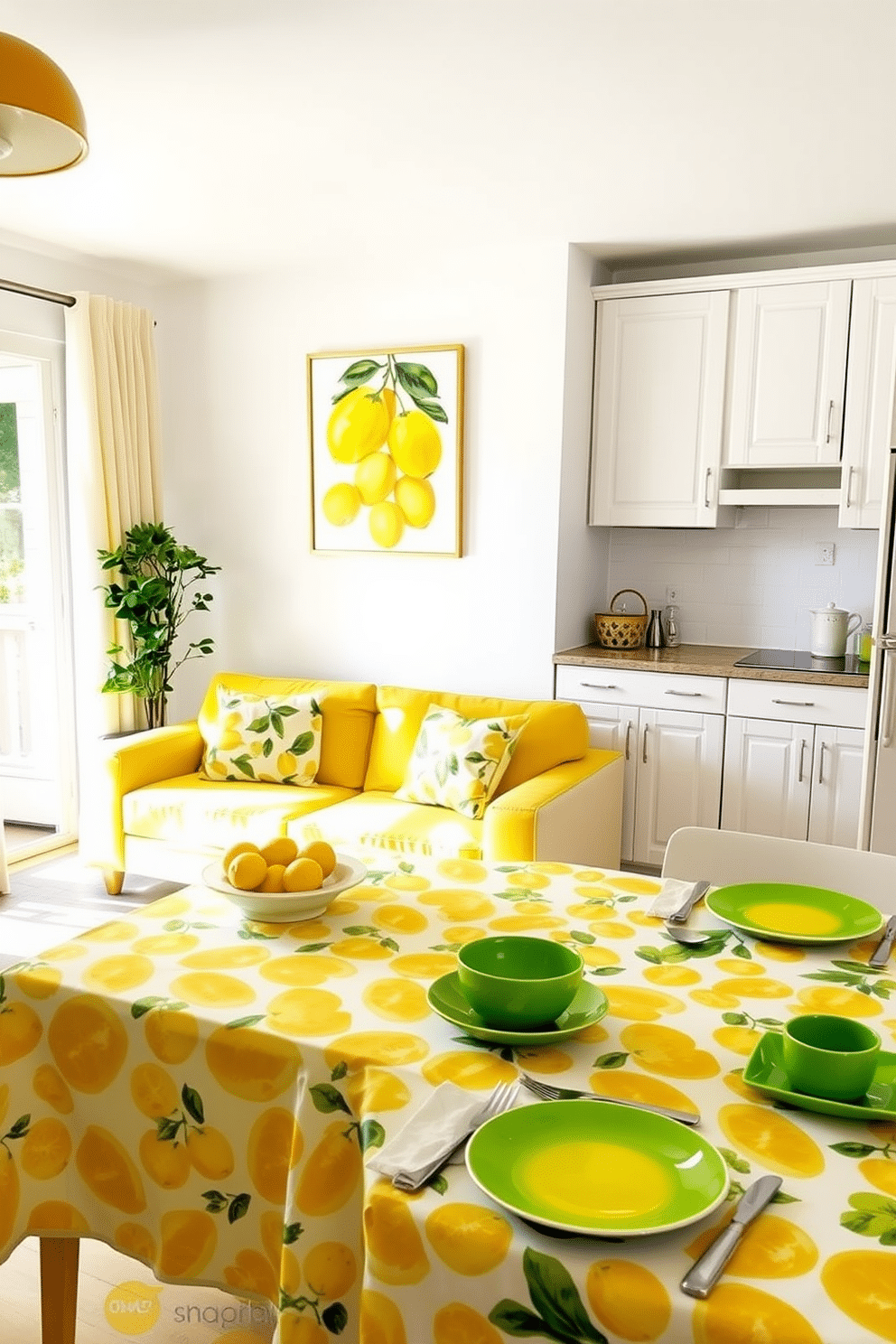 A bright summer apartment filled with fresh lemon and citrus motifs. The living room features a vibrant yellow sofa adorned with citrus-patterned throw pillows and a light, airy coffee table topped with a bowl of lemons. In the kitchen, lemon-themed artwork hangs above white cabinets, creating a cheerful atmosphere. A citrus-patterned tablecloth covers the dining table, complemented by bright green tableware that enhances the summer vibe.