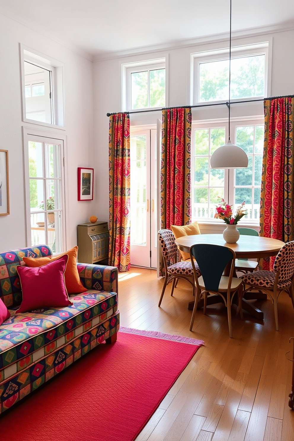 A bright and airy summer apartment filled with playful patterns in textiles. The living room features a large, colorful patterned sofa adorned with vibrant throw pillows and a geometric area rug that adds a pop of color to the space. In the dining area, a round wooden table is surrounded by mismatched chairs, each upholstered in different bold fabrics. Brightly patterned curtains frame the windows, allowing natural light to flood the room and enhance the cheerful atmosphere.