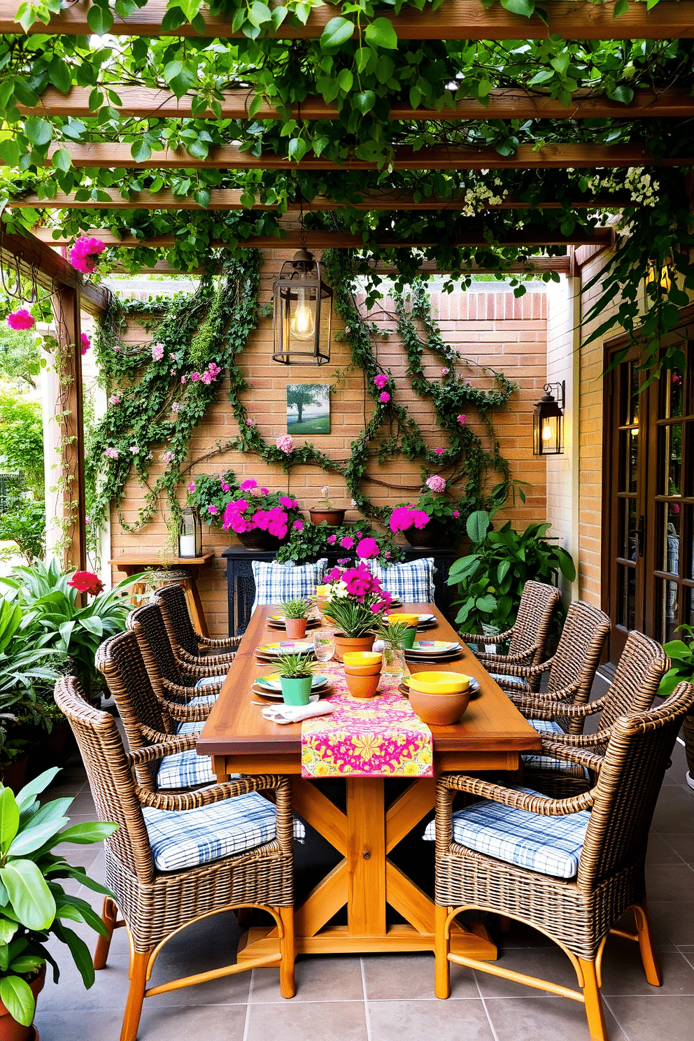 A serene outdoor-inspired dining area featuring a large wooden table surrounded by comfortable wicker chairs. The table is set with a vibrant tablecloth and an array of colorful dishes, complemented by potted plants and hanging lanterns above for a cozy ambiance. The space is adorned with lush greenery, including climbing vines and flowering plants that create a natural backdrop. Soft, ambient lighting enhances the inviting atmosphere, making it perfect for summer gatherings and al fresco dining experiences.