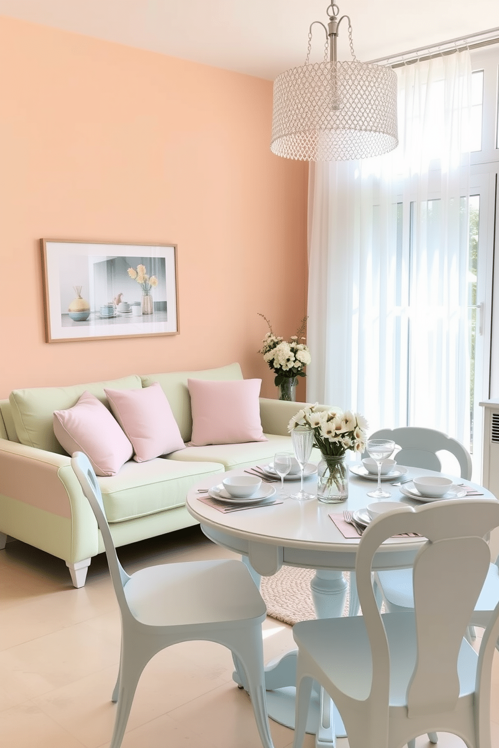 A bright and airy summer apartment filled with pastel colors. The living room features a light mint green sofa adorned with soft pink and lavender throw pillows. In the corner, a small round table holds a vase of fresh daisies, adding a cheerful touch. The walls are painted in a soft peach hue, complemented by sheer white curtains that let in natural light. The dining area showcases a pastel blue table set with delicate white dishware and pastel-colored glassware. A whimsical pendant light hangs above, creating a warm and inviting atmosphere.