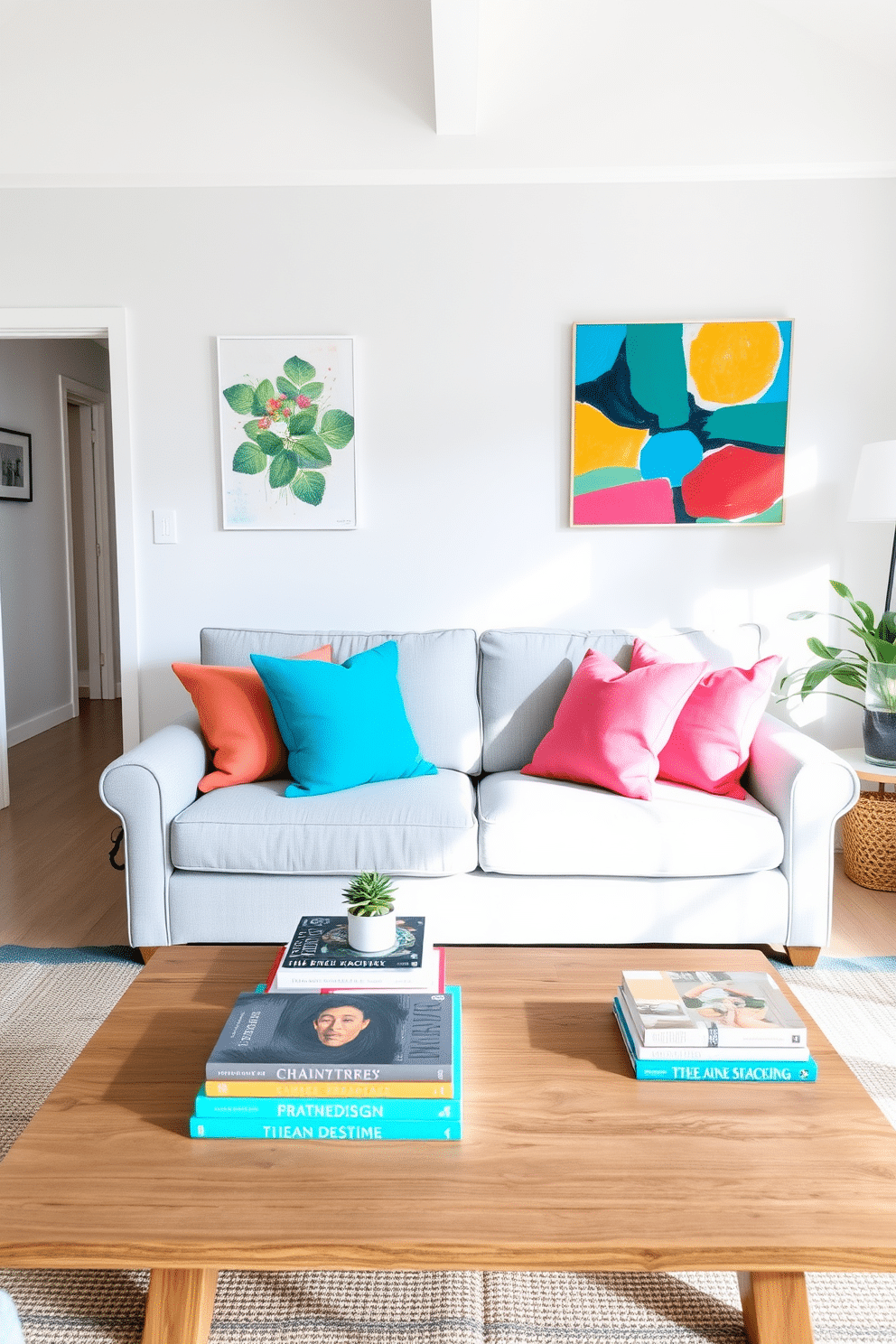 A bright and airy summer apartment filled with natural light. The living room features a light gray sofa adorned with vibrant throw pillows in shades of coral and turquoise. On the walls, colorful abstract artwork adds a playful pop of color, enhancing the cheerful atmosphere. A wooden coffee table sits in front of the sofa, topped with a stack of design books and a small potted plant.