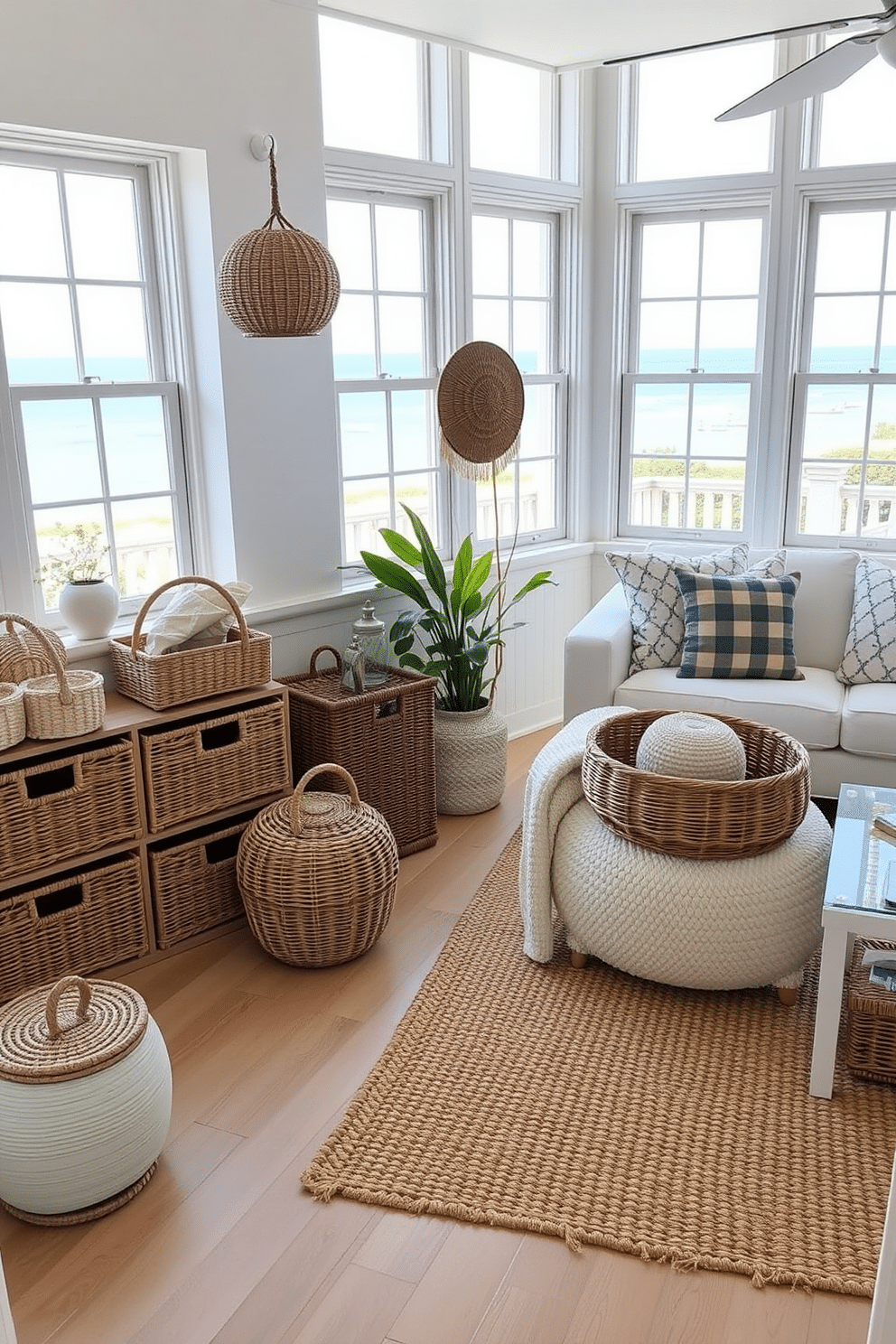 A bright and airy summer apartment decorated with a coastal theme. Decorative baskets are used for storage, adding a touch of texture and warmth to the space. The living area features a light-colored sofa adorned with colorful throw pillows and a woven rug. Large windows allow natural light to flood in, enhancing the cheerful atmosphere.