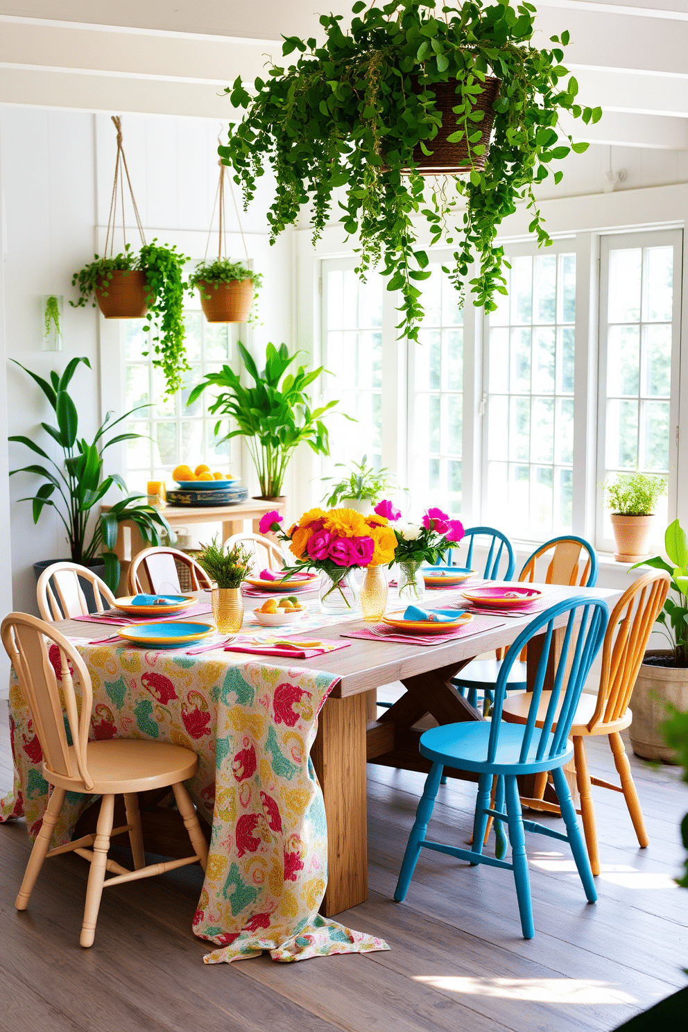 A bright and airy dining area features a picnic-style setup with a large, rustic wooden table surrounded by mismatched chairs. A colorful tablecloth drapes over the table, adorned with fresh flowers and an assortment of vibrant plates and utensils. Natural light floods the space through large windows, highlighting the cheerful decor. Potted plants and hanging greenery add a touch of freshness, creating a cozy, inviting atmosphere perfect for summer gatherings.