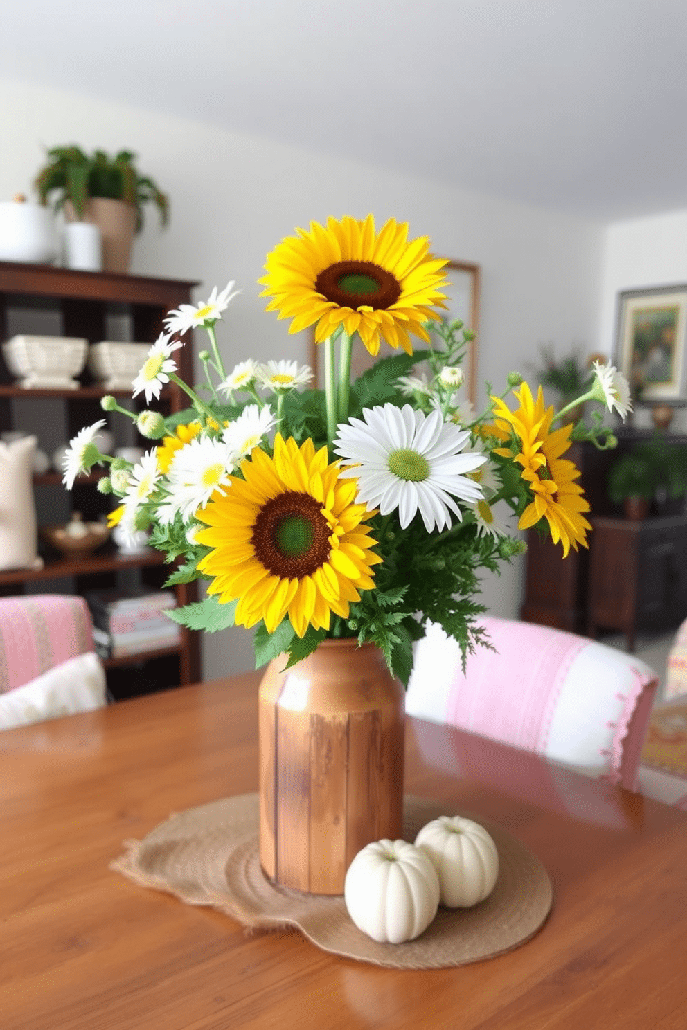 Create a summer-themed centerpiece for tables. The arrangement features vibrant sunflowers, delicate daisies, and lush greenery in a rustic wooden vase. Summer apartment decorating ideas include light, airy fabrics and bright, cheerful colors. Use pastel cushions and throw blankets to create a cozy yet fresh atmosphere.