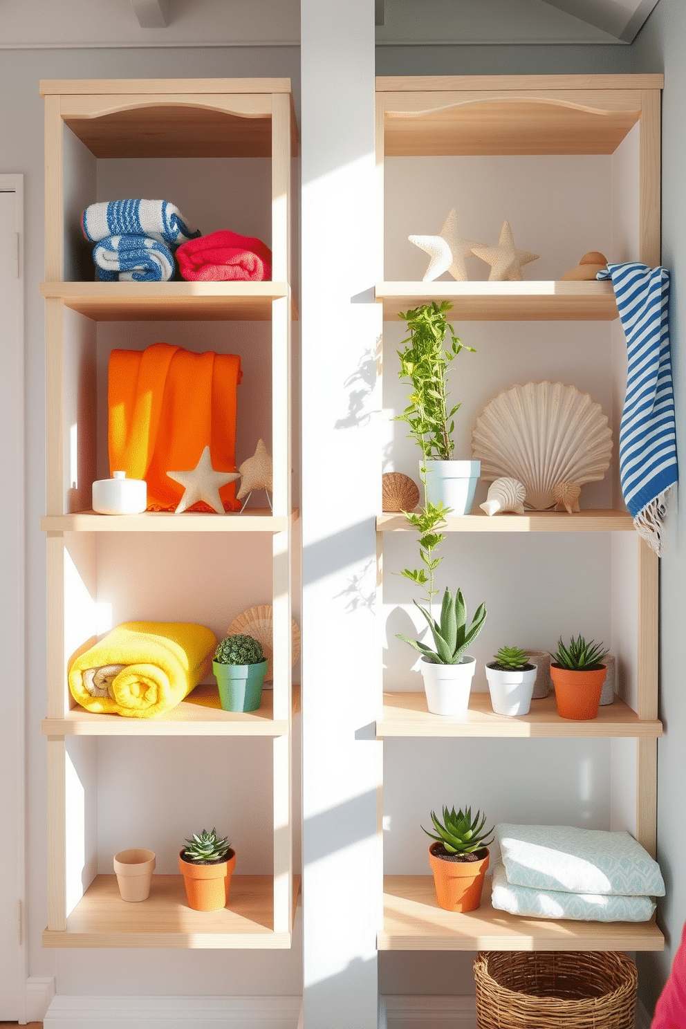 A bright and airy summer apartment features open shelving adorned with vibrant summer items. Colorful beach towels, decorative seashells, and potted succulents create a cheerful and inviting atmosphere. The shelves are made of light wood, complementing the soft pastel hues of the walls. Natural light floods the space, enhancing the fresh and lively decor.