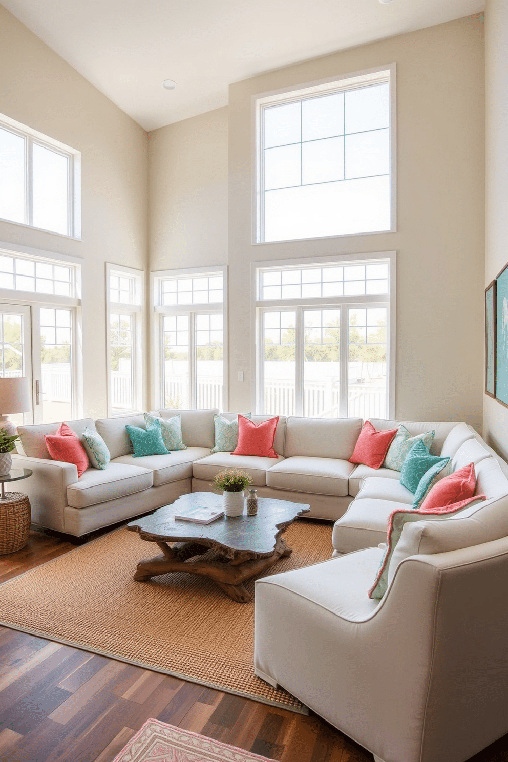 A bright and airy living room with large windows that allow natural light to flood in. The walls are painted in soft sandy beige, and the decor features shades of seafoam green and crisp white. Cozy seating includes a light gray sectional sofa adorned with coral and turquoise throw pillows. A driftwood coffee table sits atop a jute rug, complemented by ocean-themed artwork on the walls.