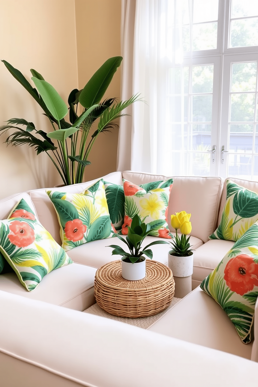 Create a vibrant living room setting featuring a light-colored sofa adorned with tropical-themed throw pillows in shades of green, yellow, and coral. The pillows showcase bold floral patterns and palm leaves, adding a playful touch to the space. In the background, a large window allows natural light to flood the room, framed by sheer white curtains. A woven coffee table sits in the center, complemented by a few potted plants that enhance the summer vibe.